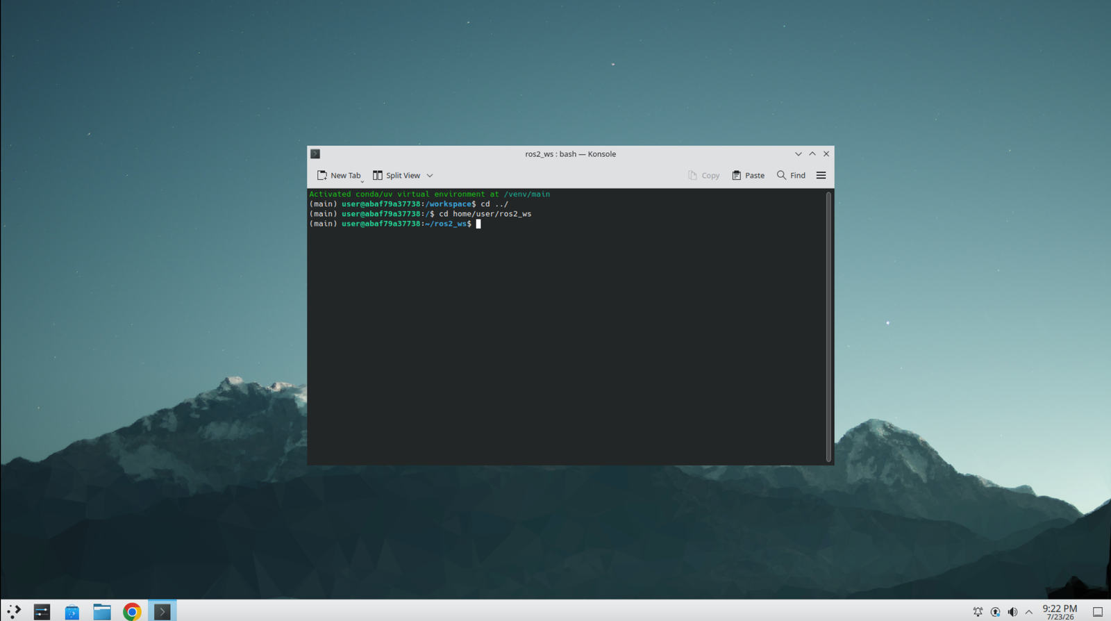 Konsole terminal showing the cd commands into the ros2_ws workspace