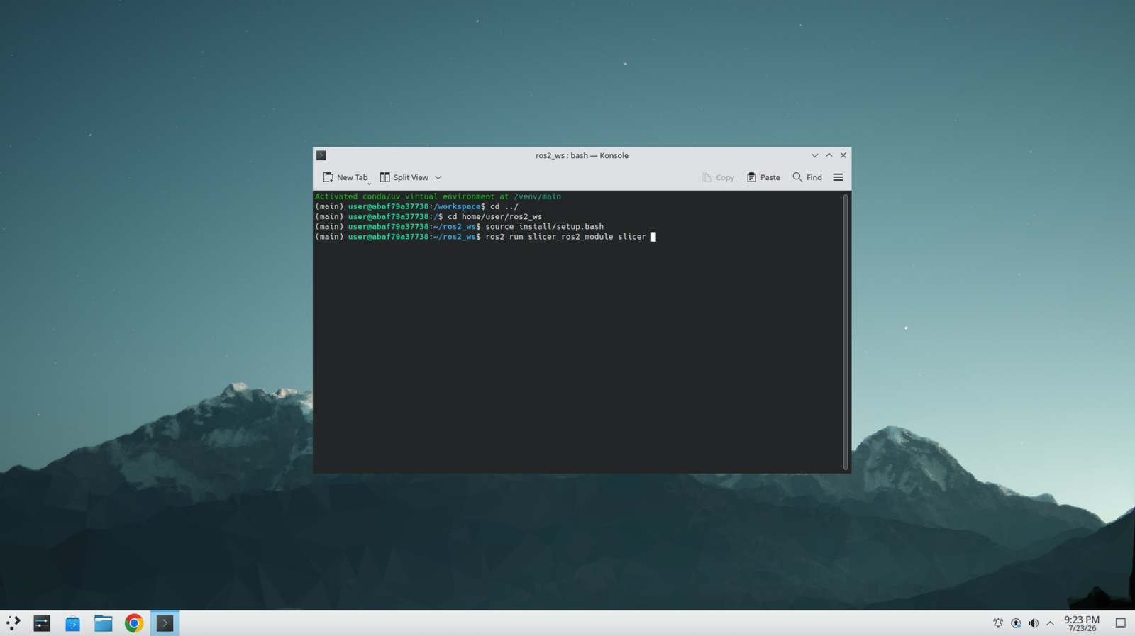Konsole terminal showing the source and ros2 run commands used to launch Slicer