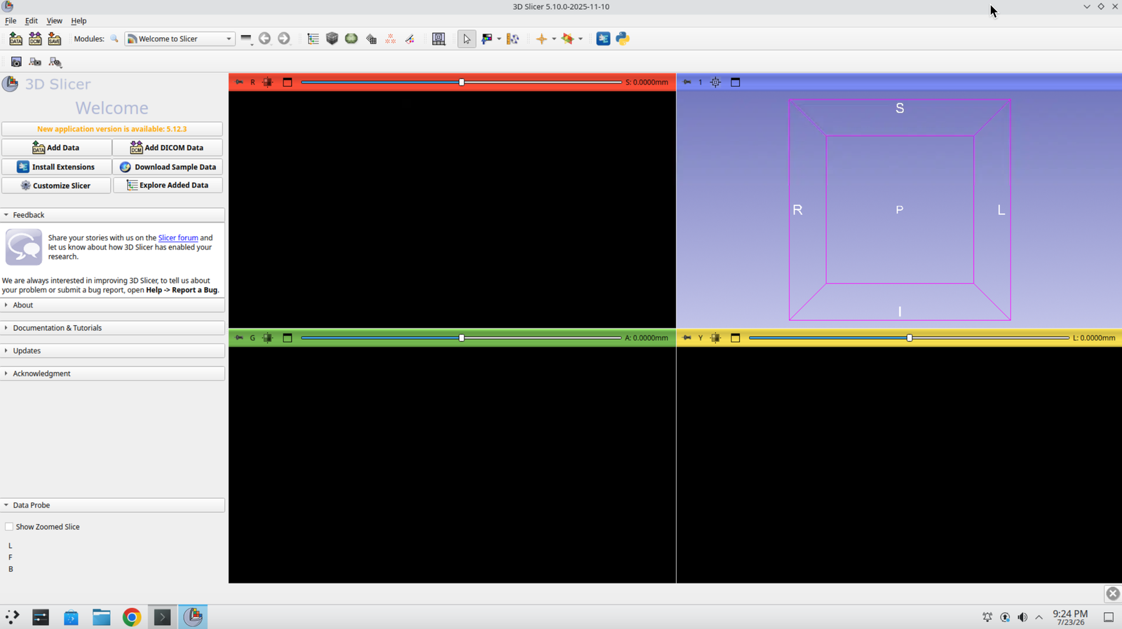 3D Slicer running full-screen with the default empty scene