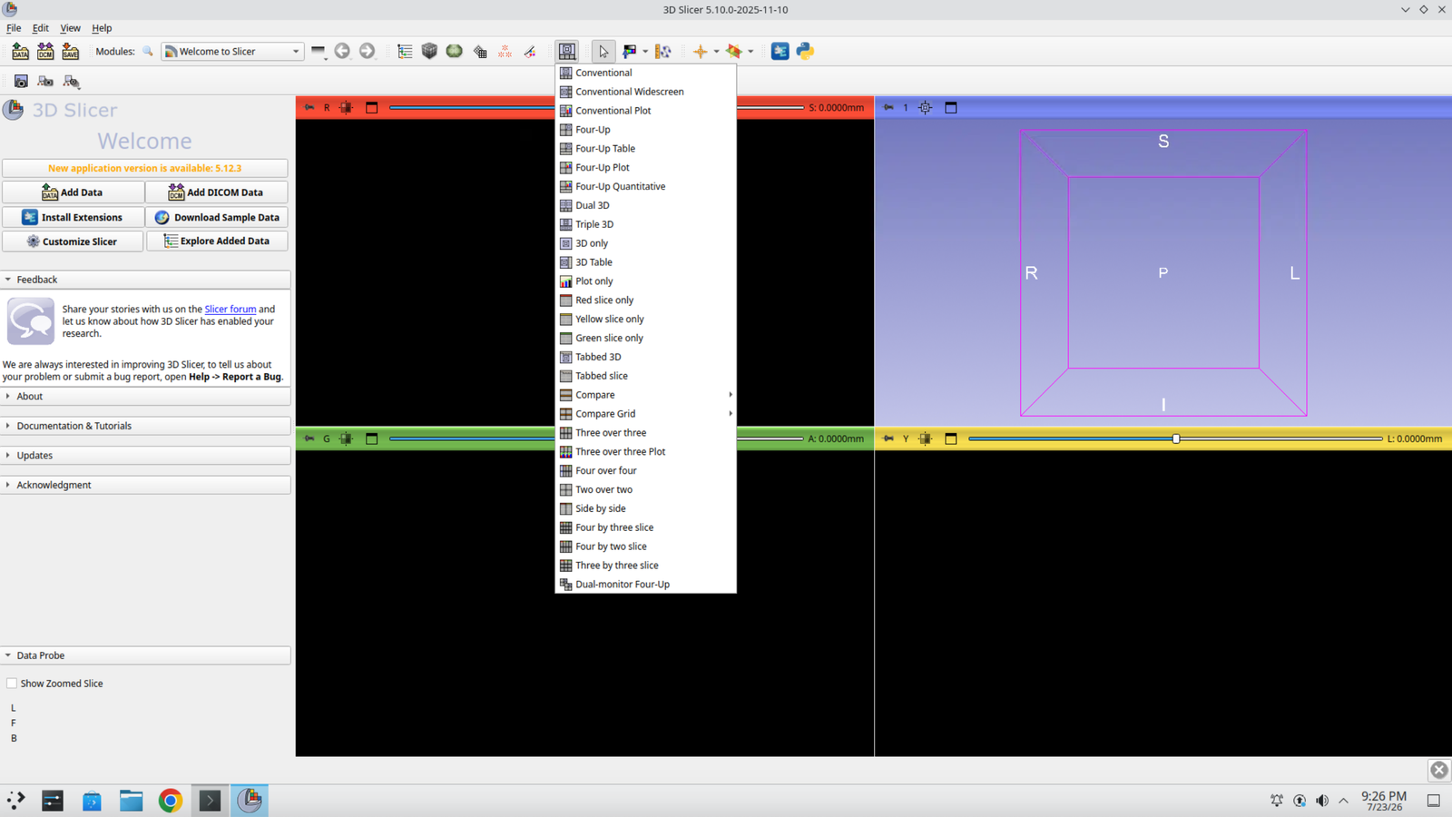 Slicer toolbar with the layout selector dropdown open