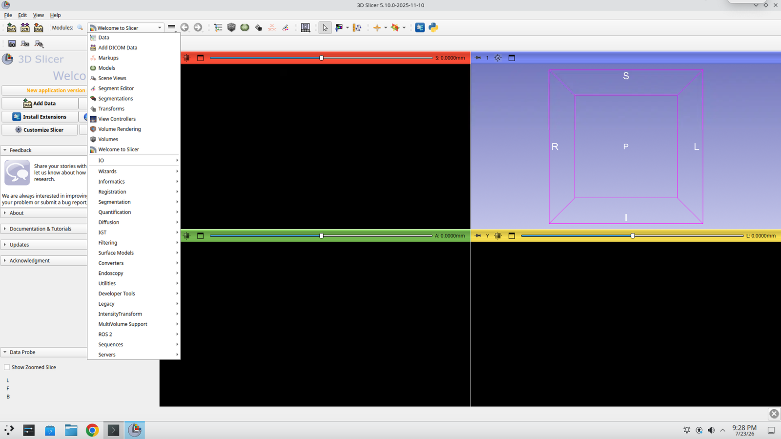 Slicer module selection dropdown expanded in the toolbar