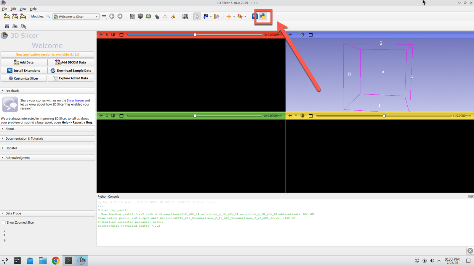 Slicer with the Python interactor console open at the bottom of the window