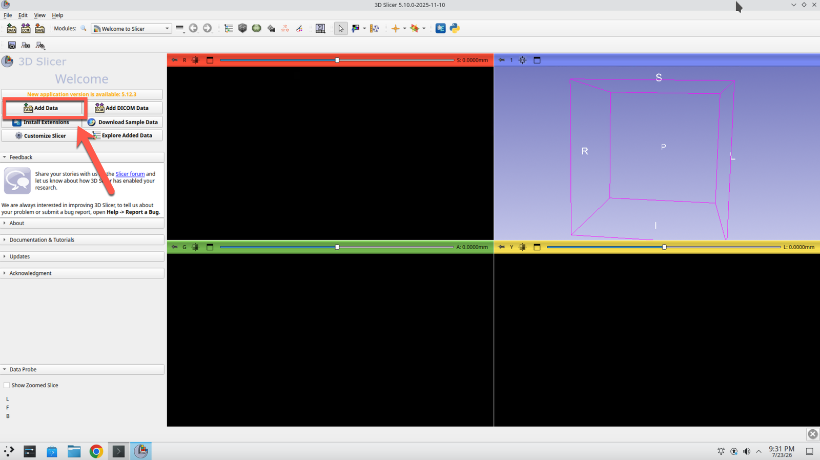 Slicer main window with the Add Data button highlighted in the toolbar
