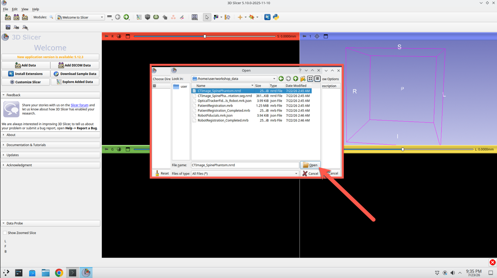 File browser showing CTImage_SpinePhantom.nrrd selected in the workshop_data folder