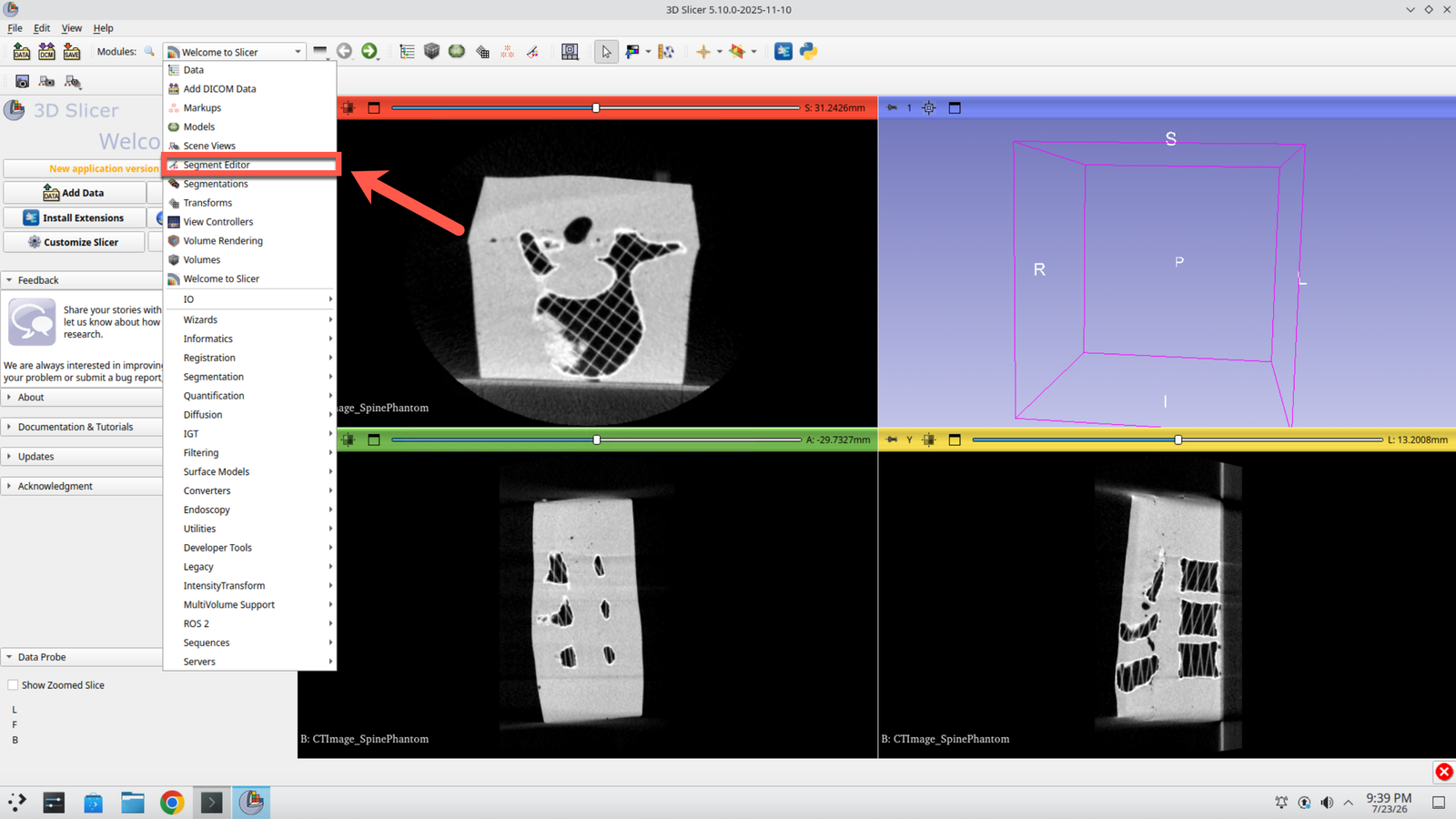 Slicer module selector with Segment Editor chosen