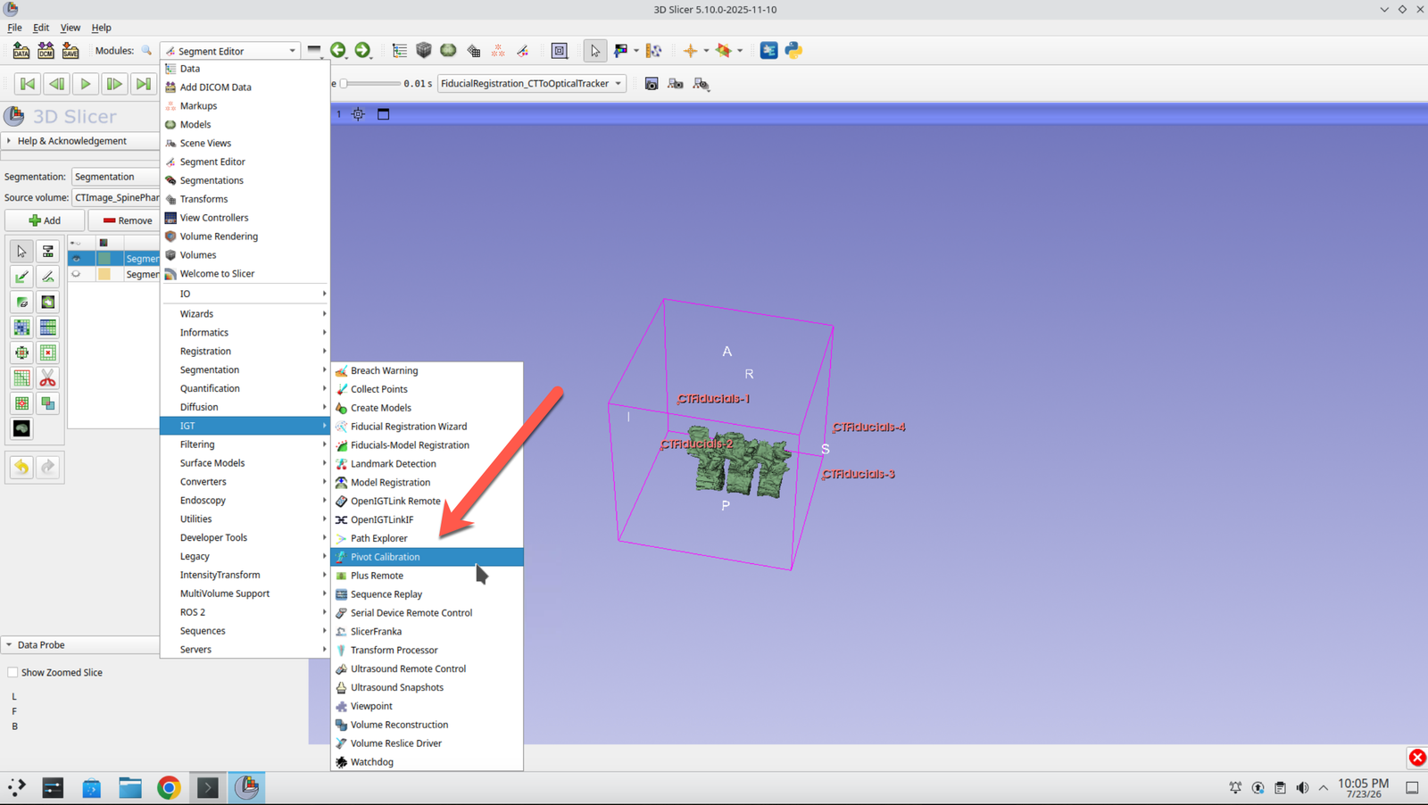 Slicer module selector with the Pivot Calibration module chosen