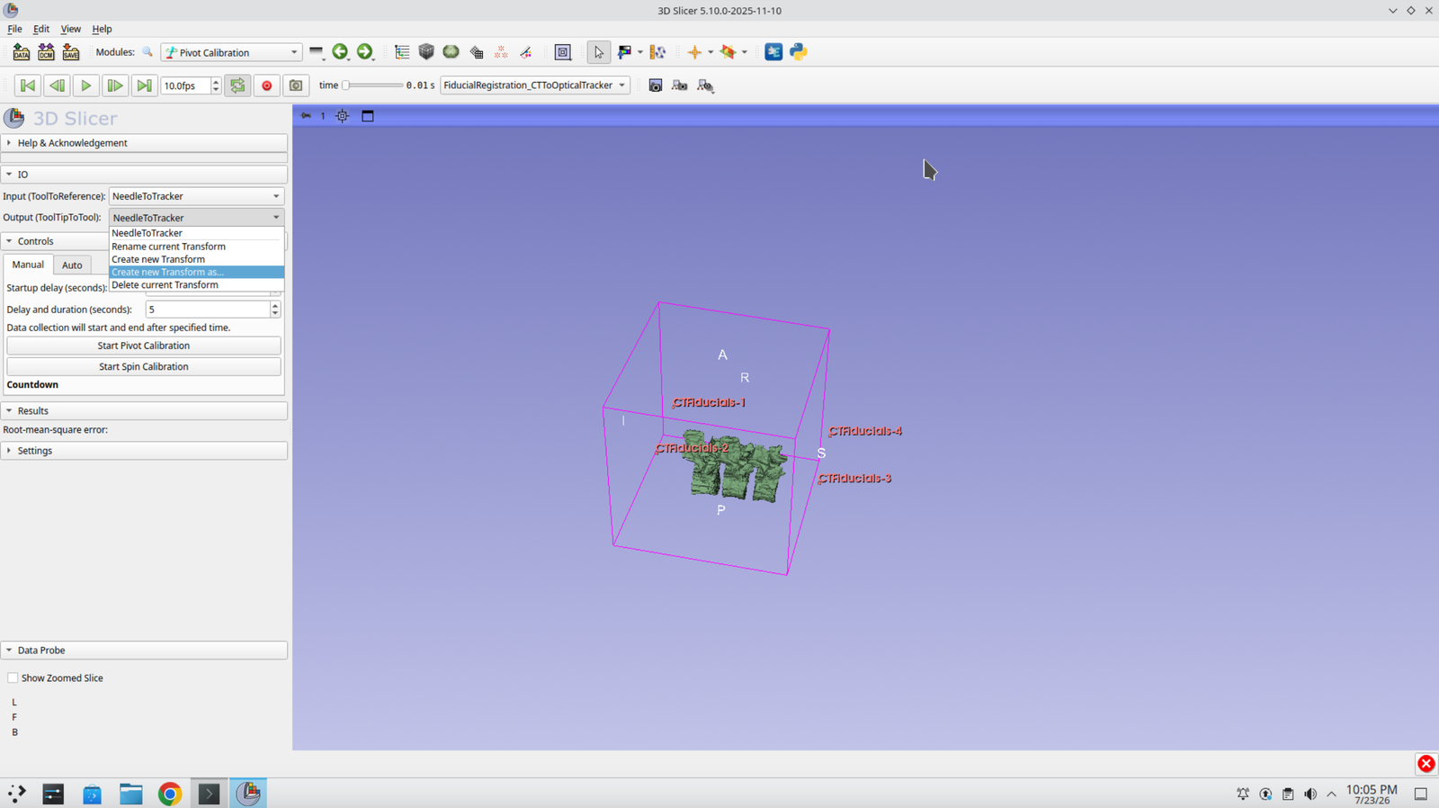 Pivot Calibration panel with the Output transform selector open