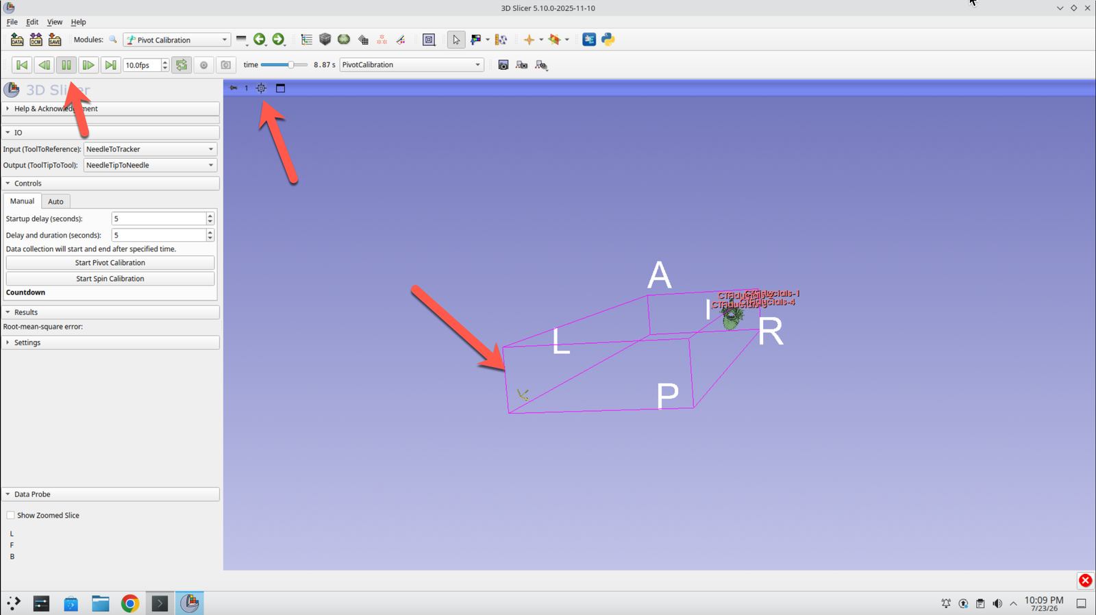 Slicer 3D view showing the tracked needle during playback with the crosshair enabled