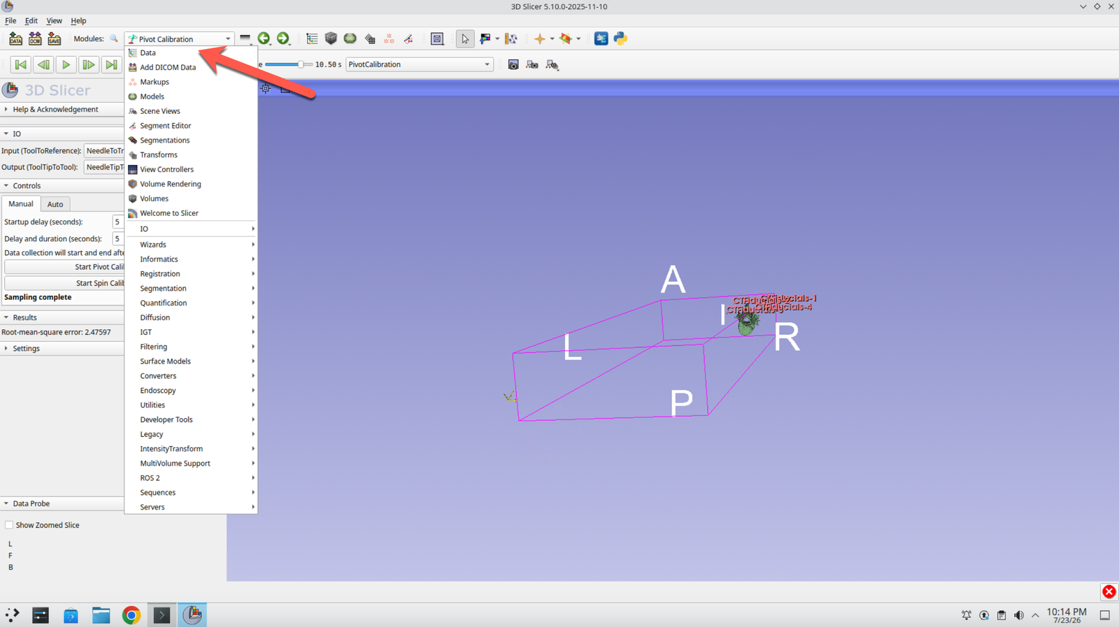 Slicer module selector with the Data module chosen