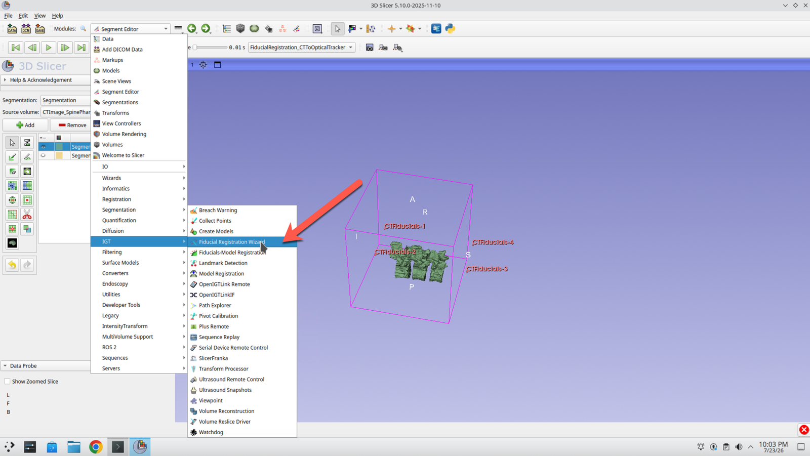 Slicer module selector with the Fiducial Registration Wizard chosen