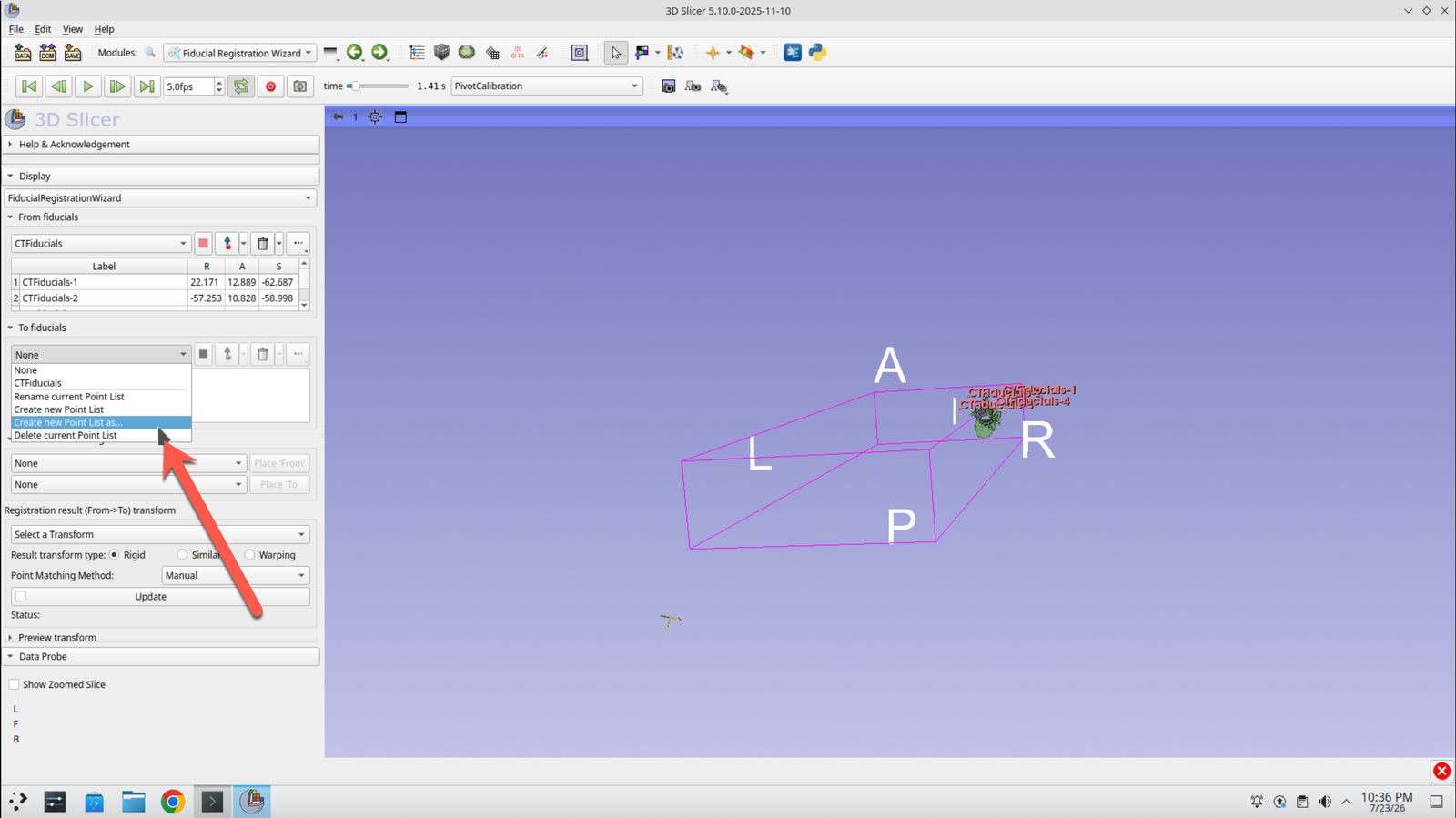 Fiducial Registration Wizard panel with the To Fiducials selector open