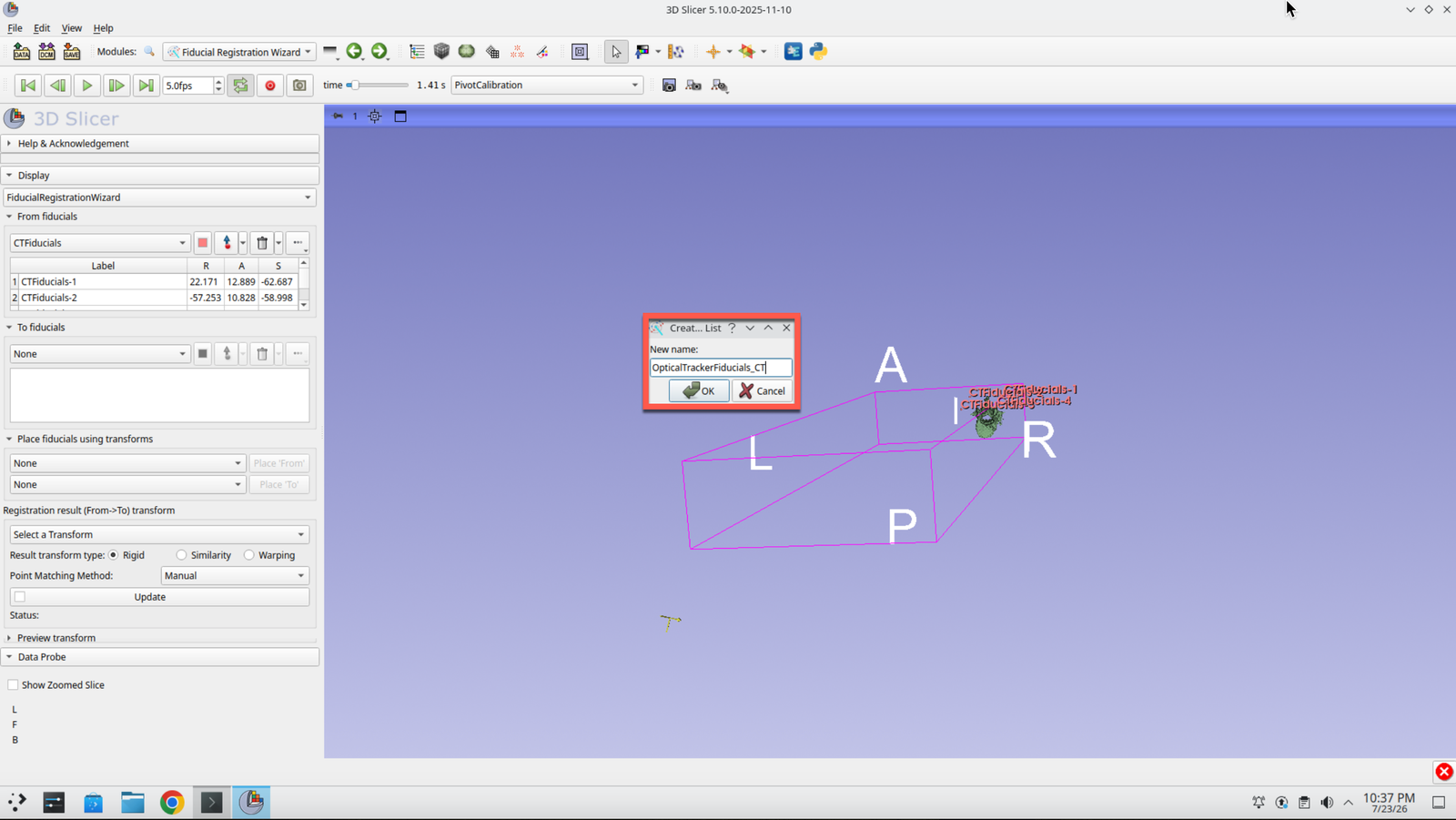 Point list naming dialog with OpticalTrackerFiducials_CT entered