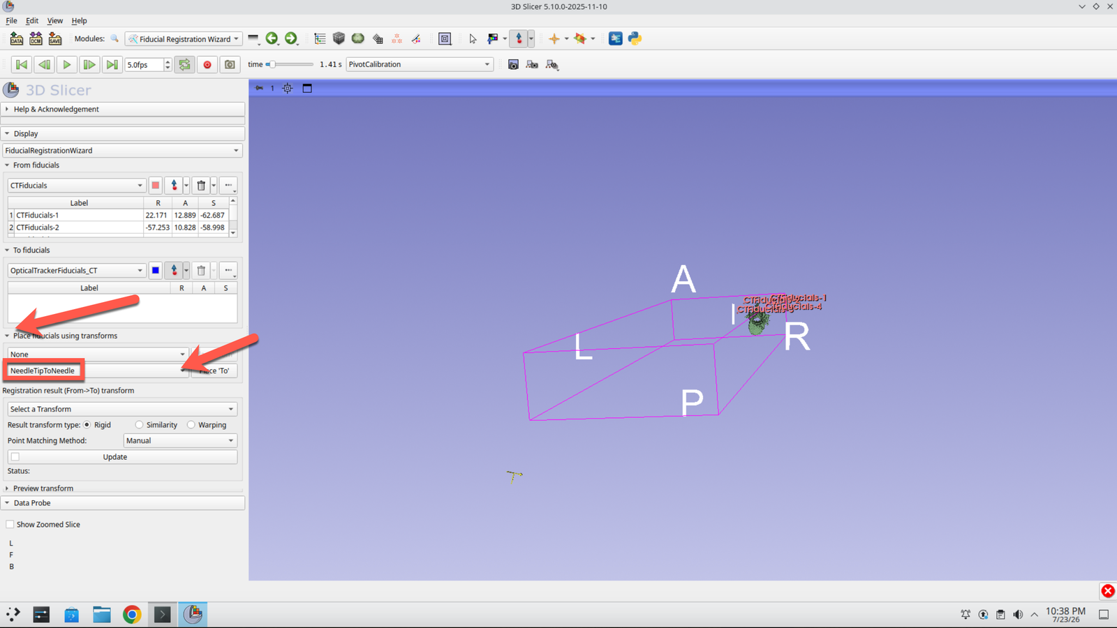 Fiducial Registration Wizard with the placement transforms expanded and NeedleTipToNeedle selected