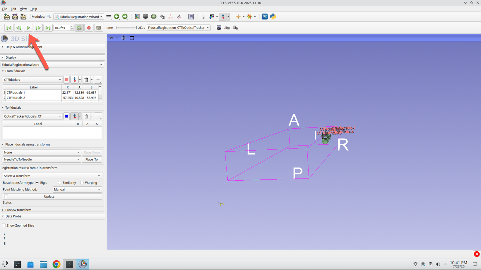 Slicer 3D view showing the coordinate model moving during sequence playback