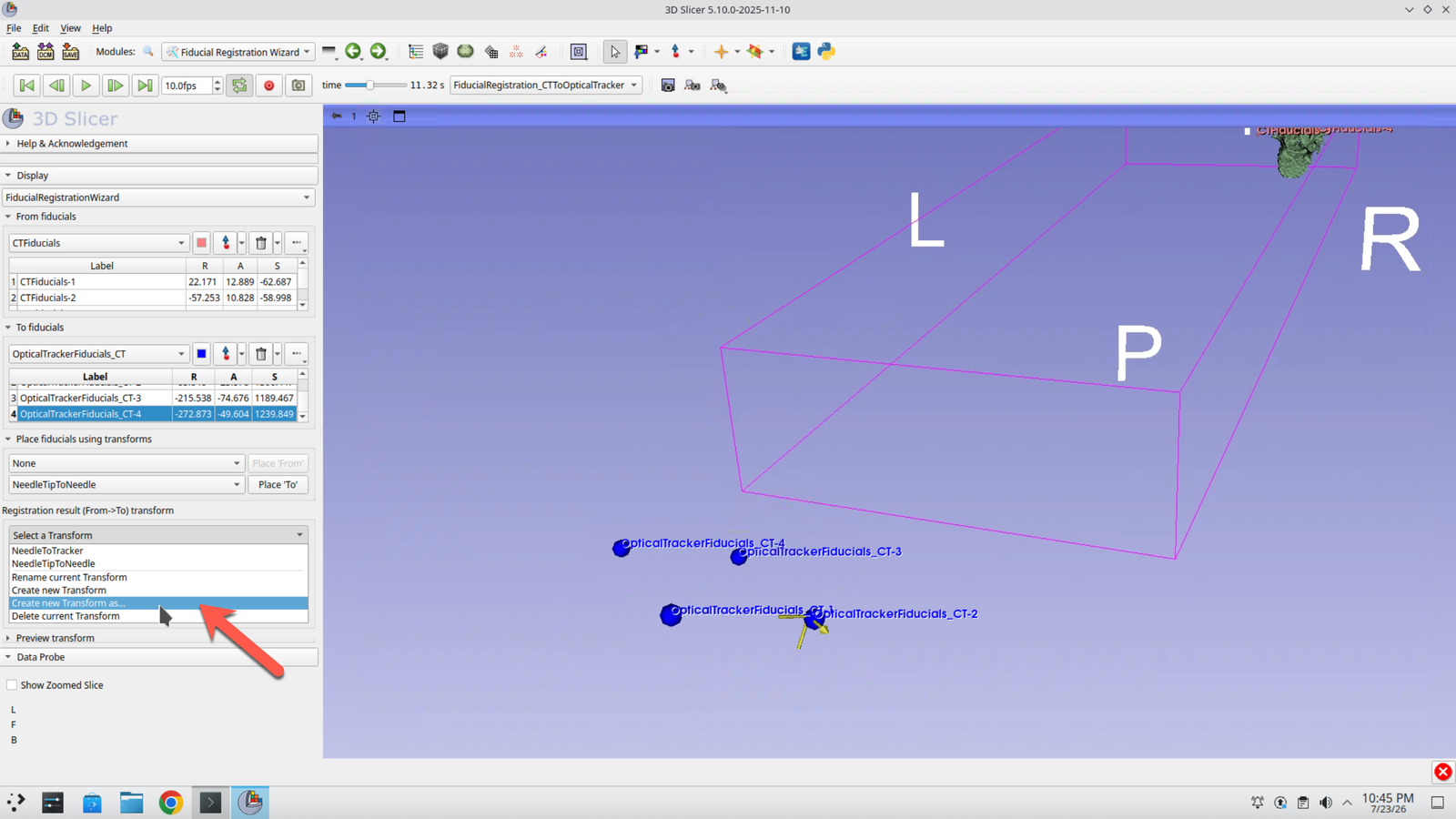 Fiducial Registration Wizard with the output transform selector open