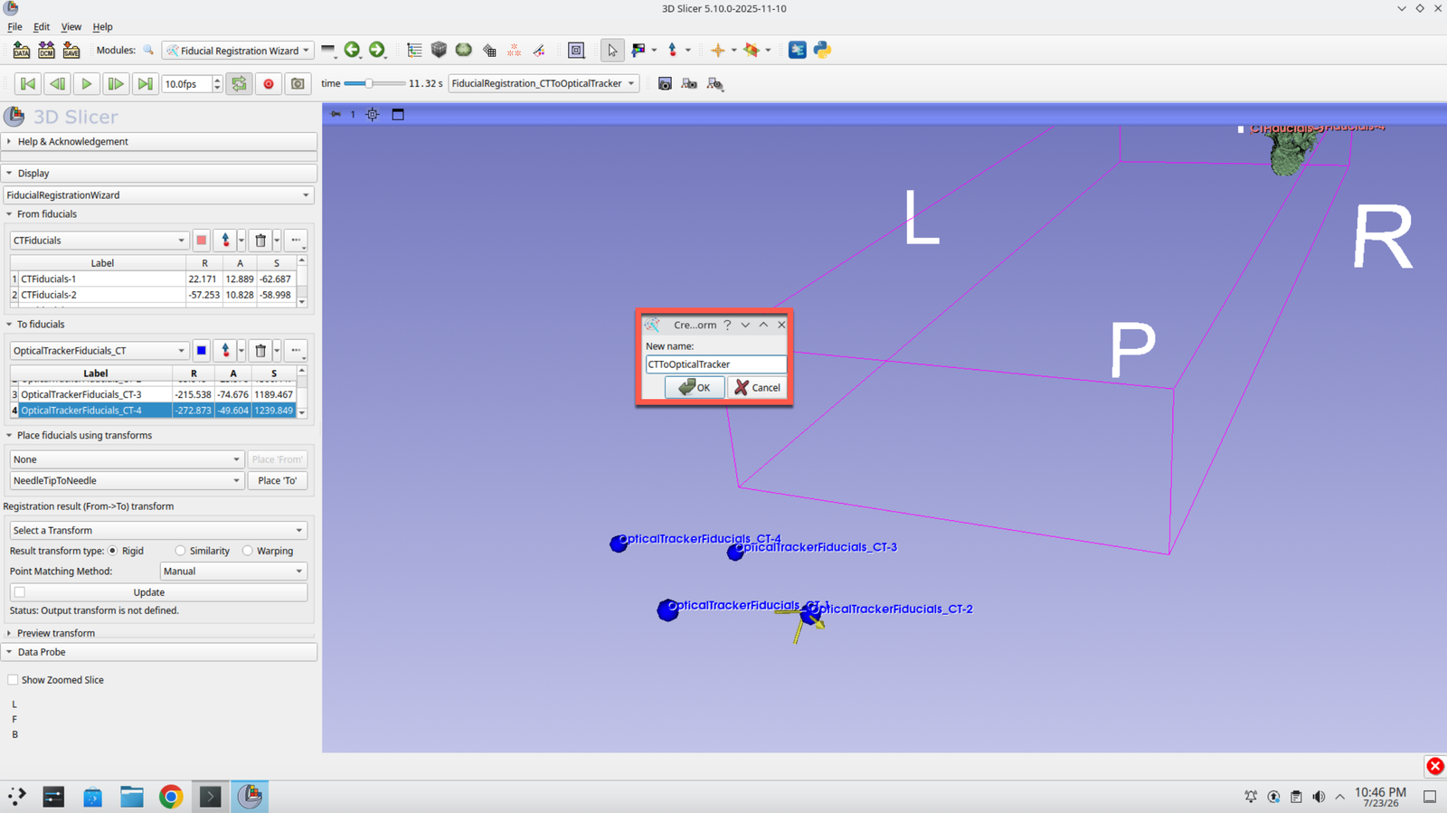 Transform naming dialog with CTToOpticalTracker entered