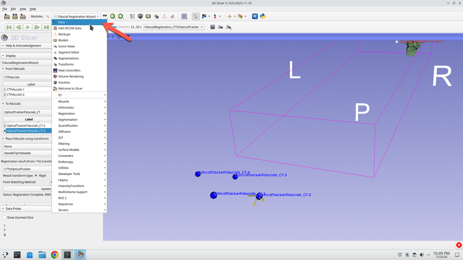 Slicer module selector with the Data module chosen