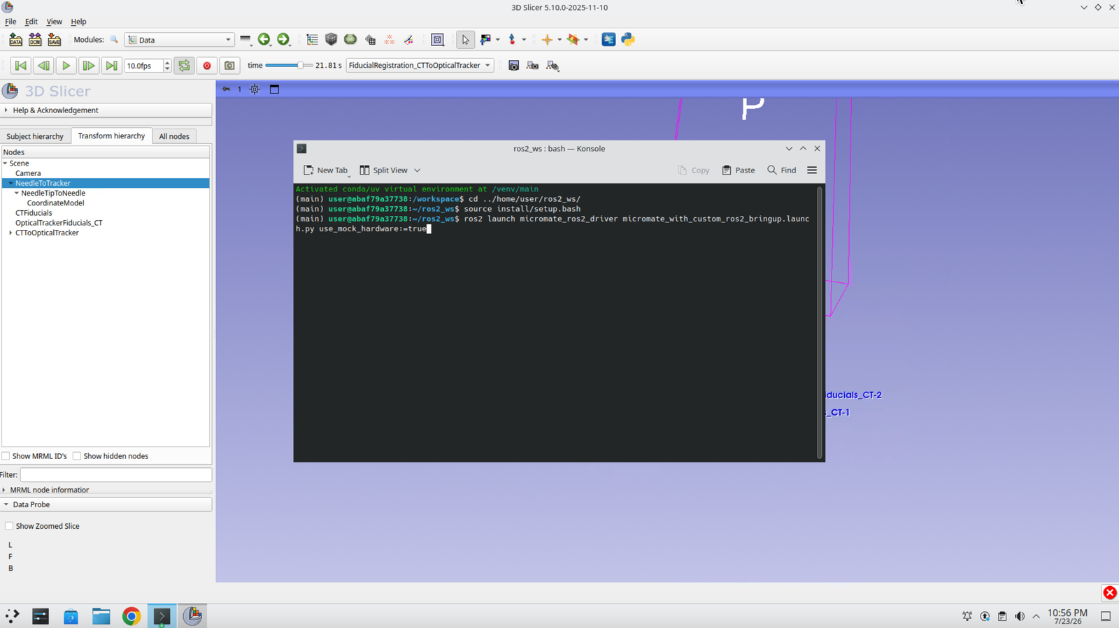 Konsole terminal showing the three commands used to launch the Micromate driver