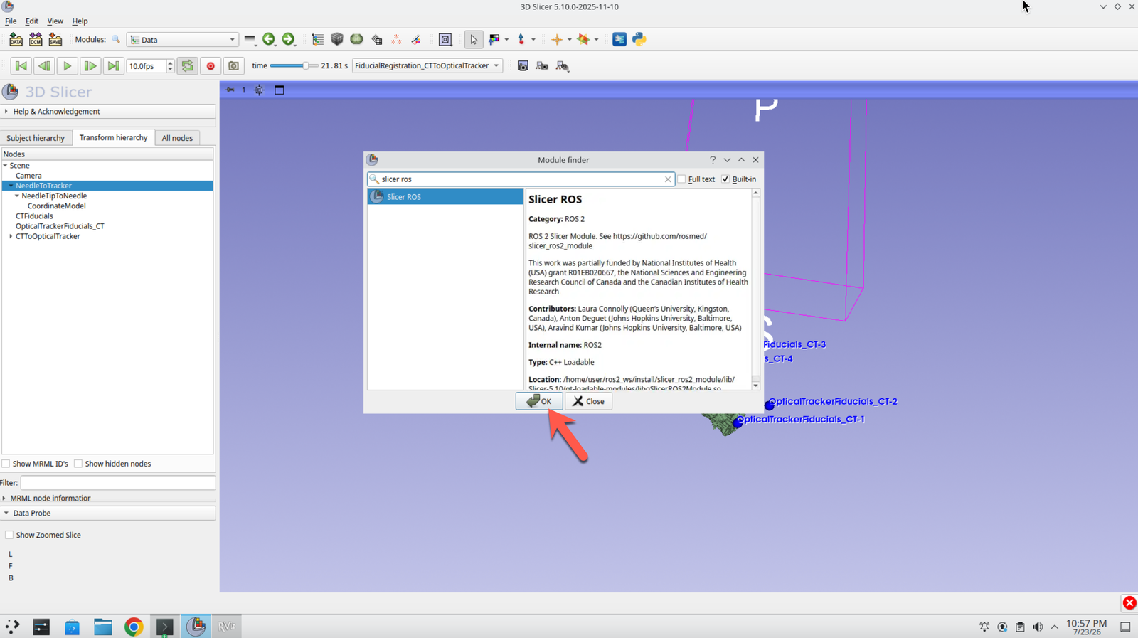 Slicer Module Finder with Slicer ROS entered in the search field