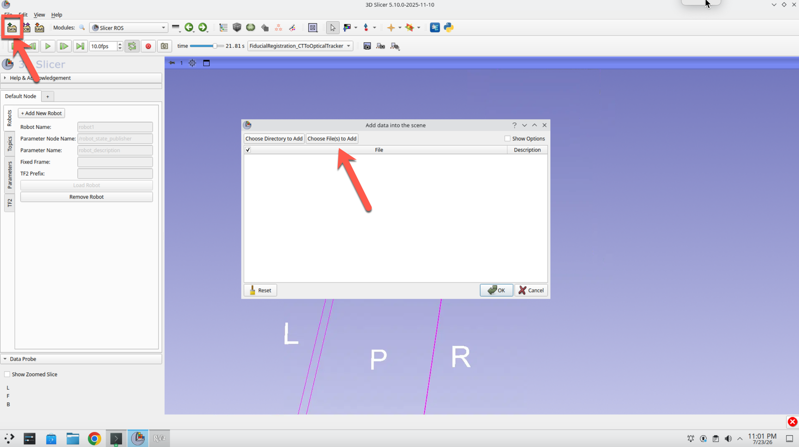 Slicer toolbar with the Data module button highlighted