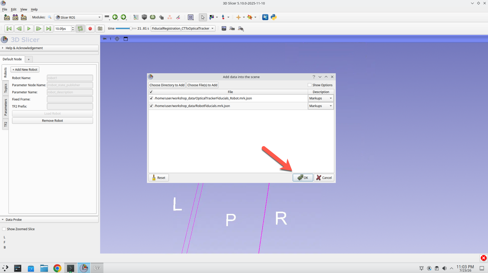 File dialog with the two JSON fiducial files selected