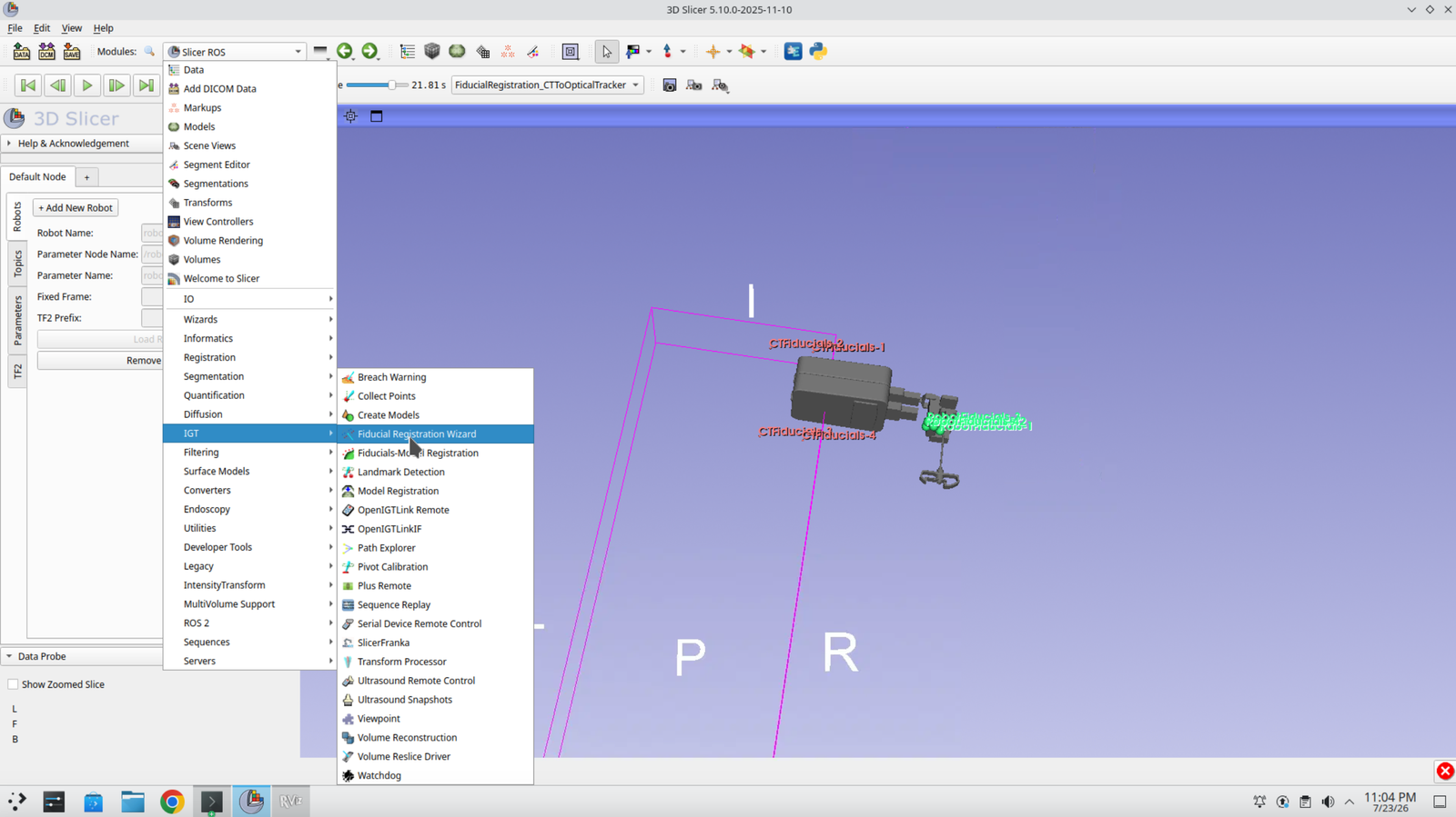 Slicer showing the Fiducial Registration Wizard module panel