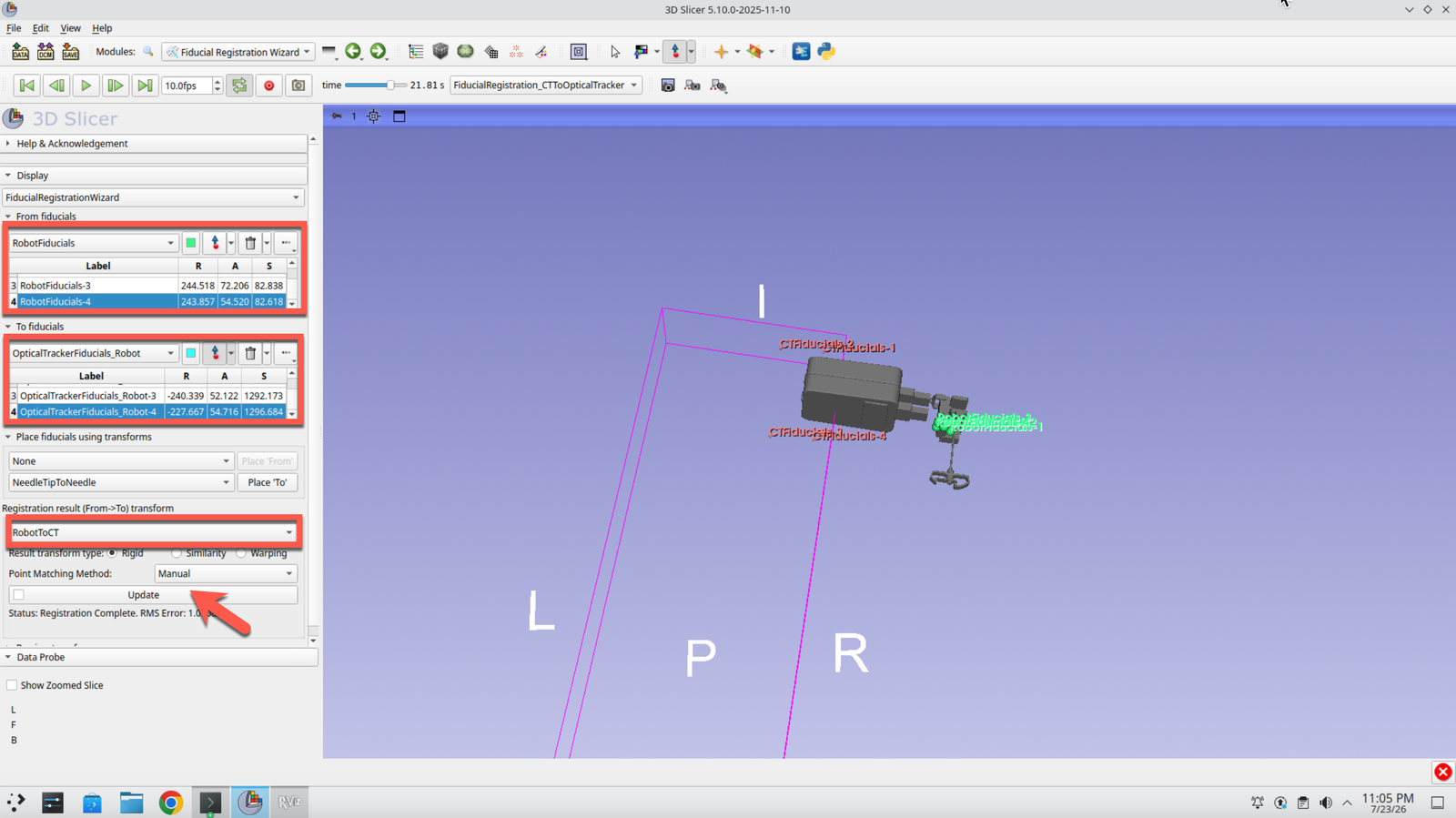 Fiducial Registration Wizard configured with the robot fiducial lists and the RobotToCT output transform