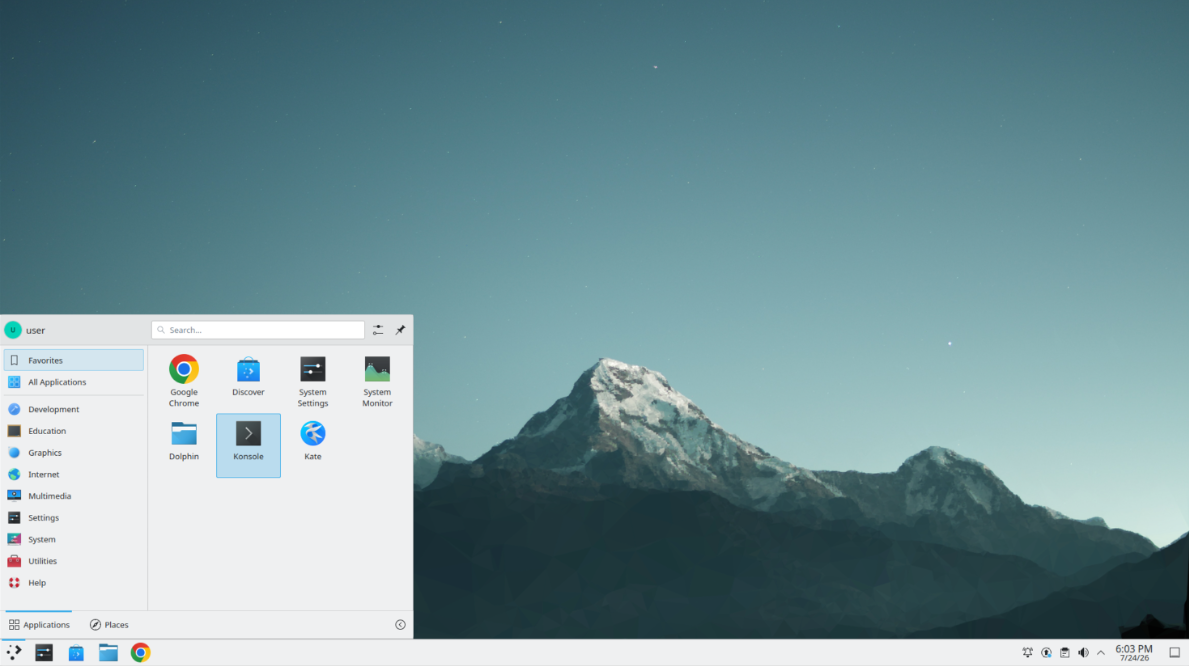 Applications menu open on the vast.ai desktop with Konsole highlighted