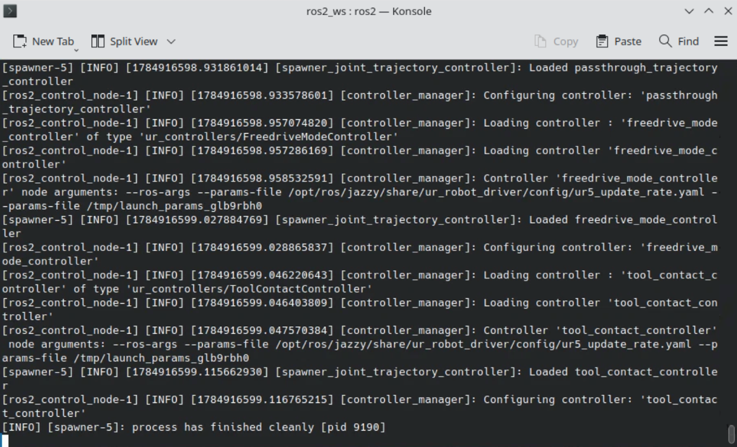 Terminal output showing the Universal Robot controllers loading successfully