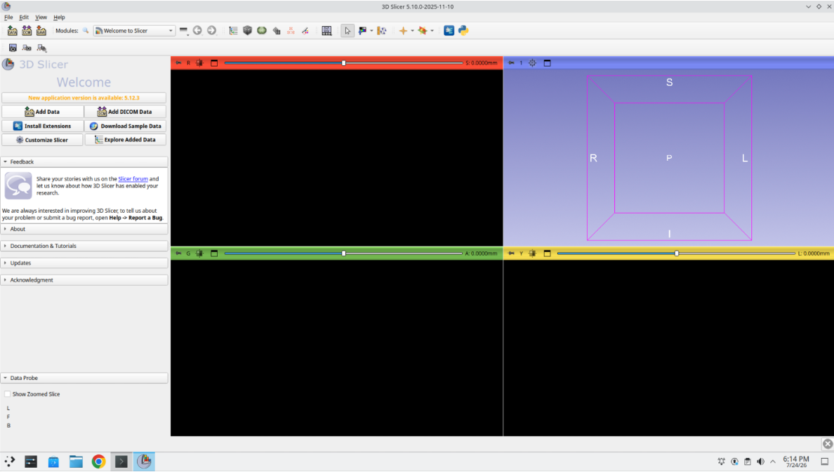 3D Slicer running with the default Welcome module and an empty scene