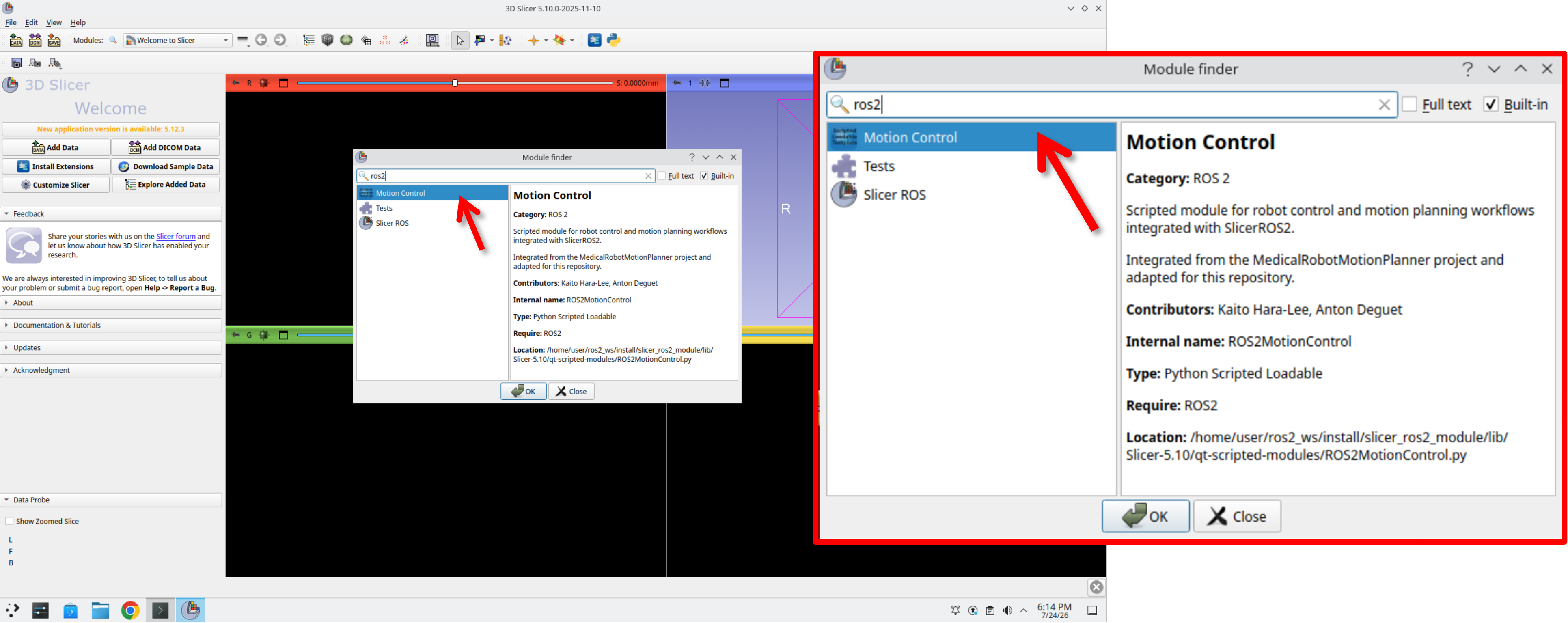 Slicer Module Finder with "ros2" entered in the search field, listing Motion Control, Tests, and Slicer ROS