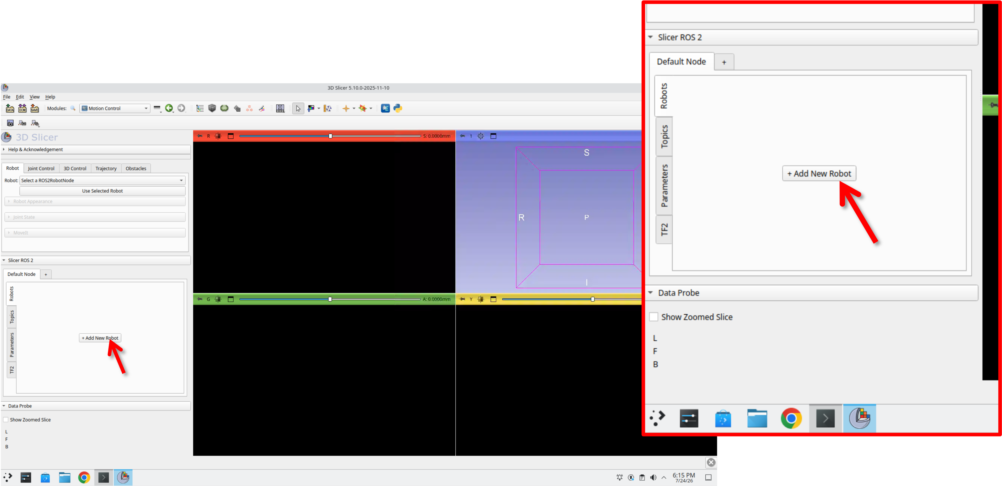 Slicer ROS 2 panel with the Robots tab open and the + Add New Robot button visible