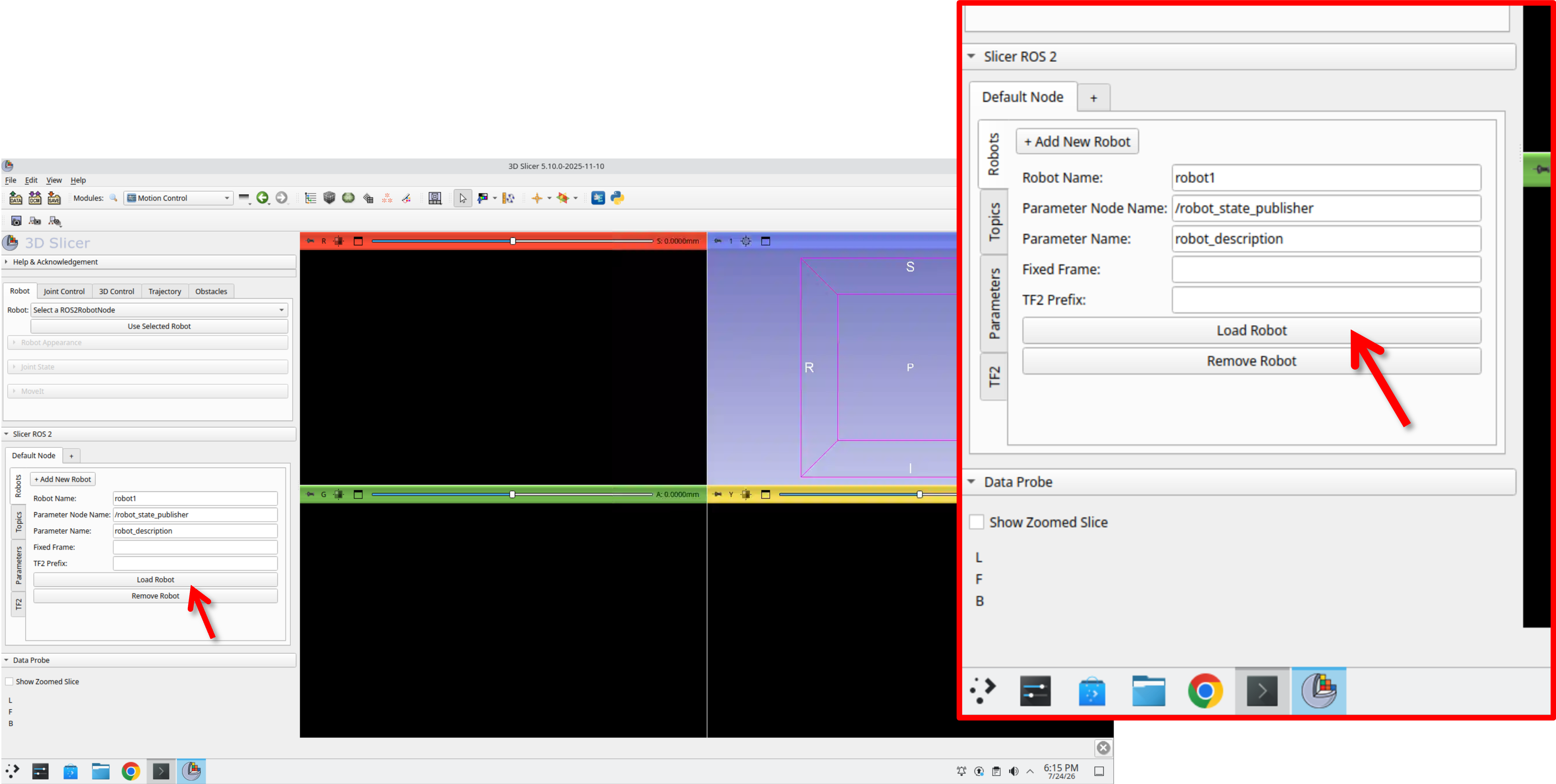 Slicer ROS 2 panel with the new robot's fields filled in and the Load Robot button ready