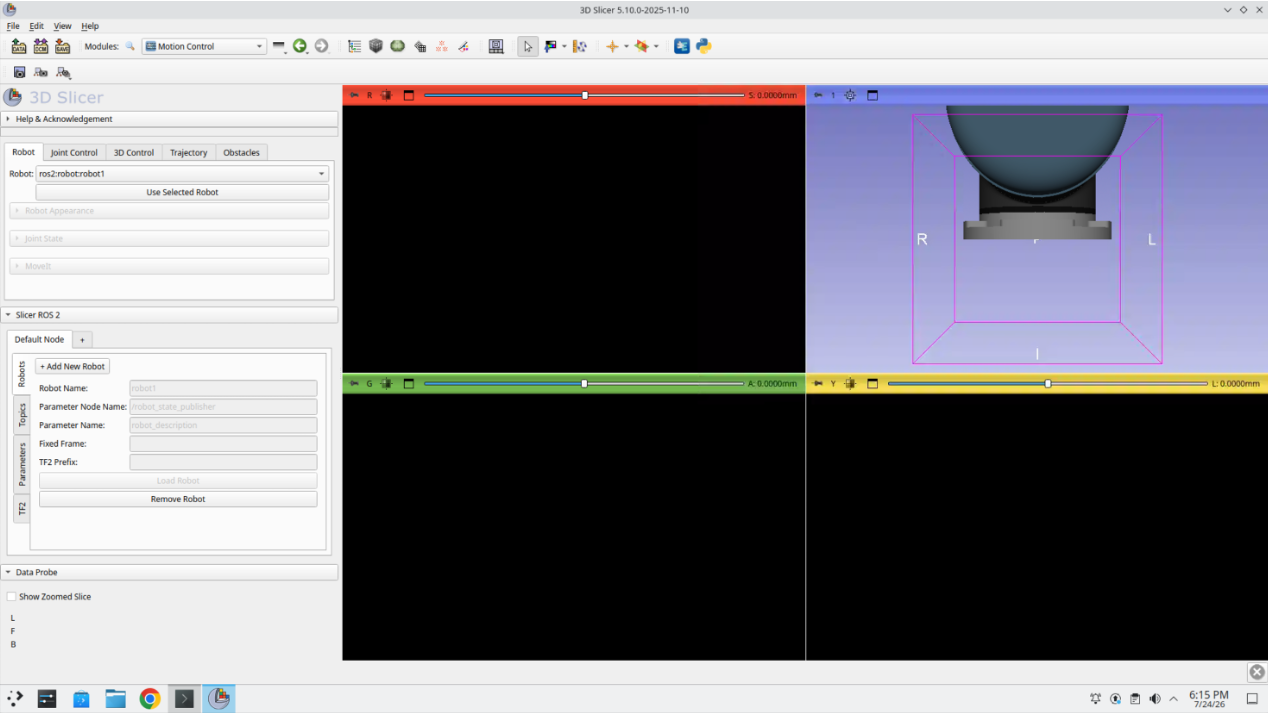 Motion Control module with `ros2:robot:robot1` selected and the robot visible in the 3D view