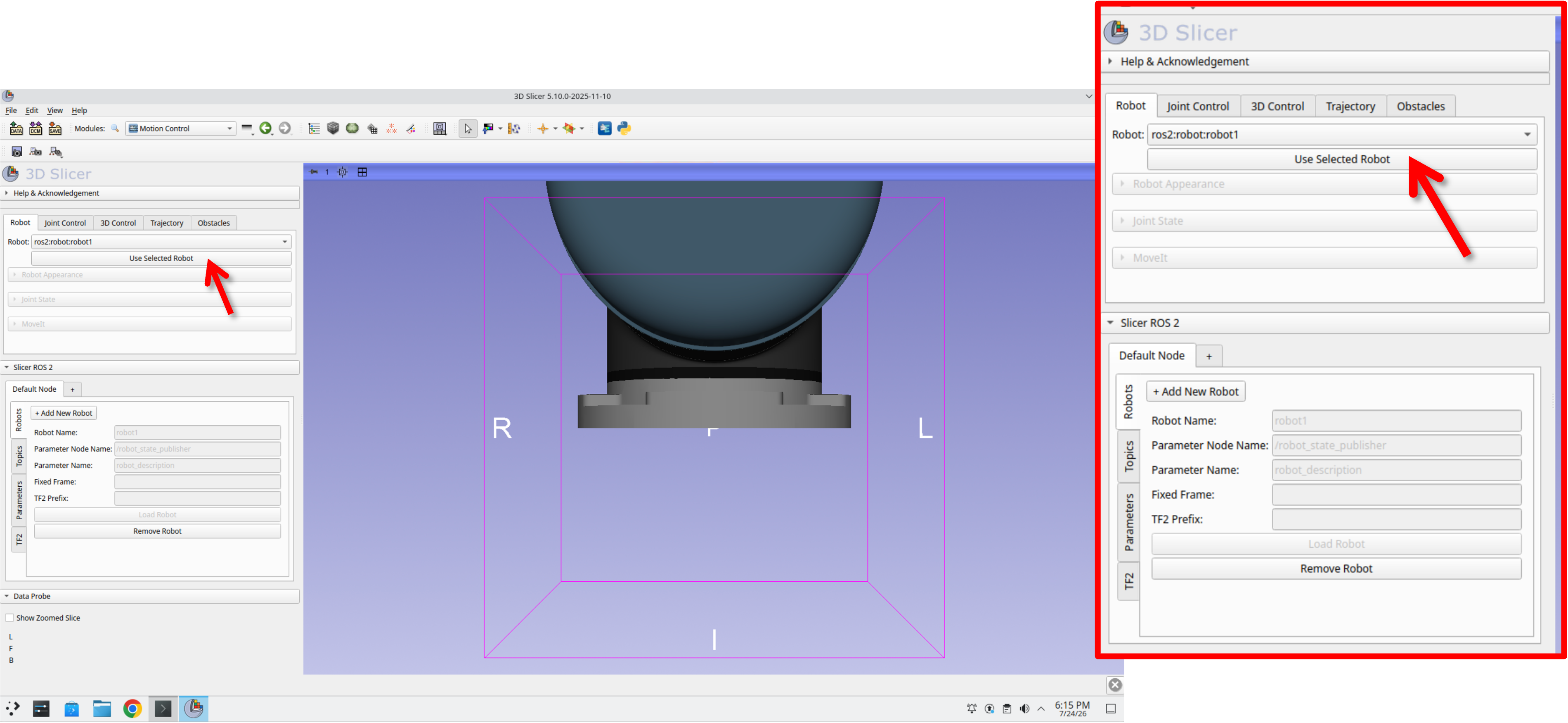 Robot tab with `ros2:robot:robot1` selected and the Use Selected Robot button ready to press