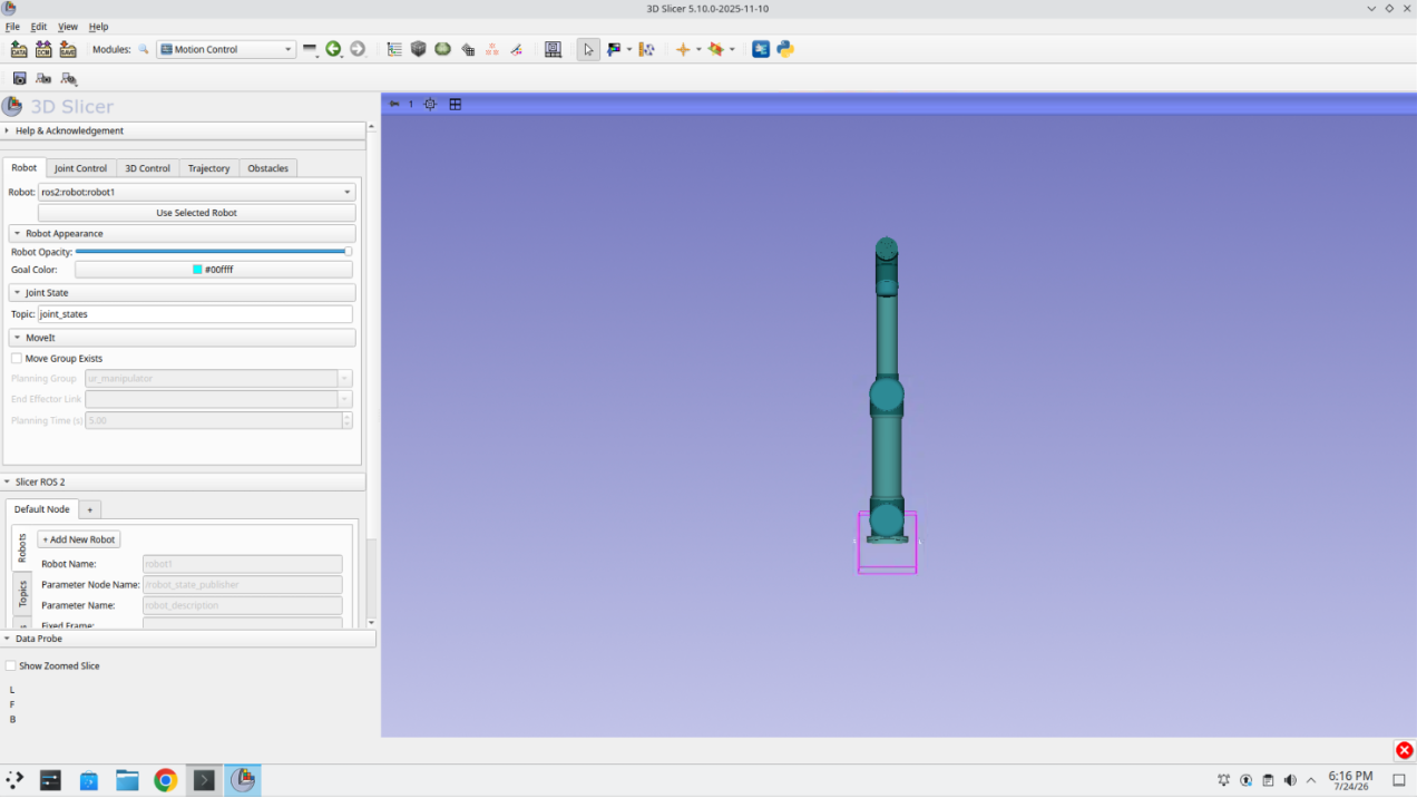 Motion Control module with the Robot Appearance, Joint State, and MoveIt sections expanded
