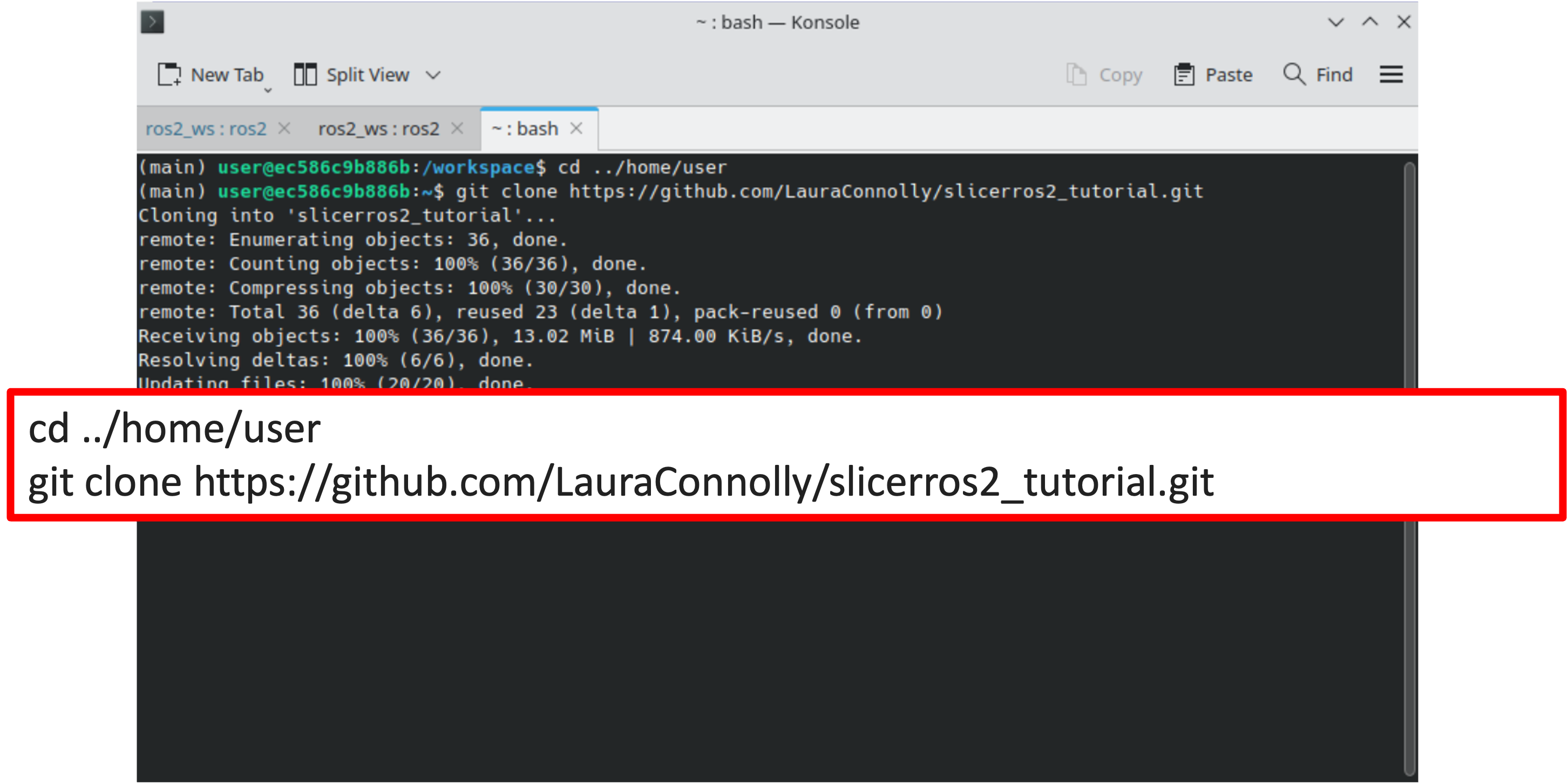 Konsole terminal showing the git clone command and its output