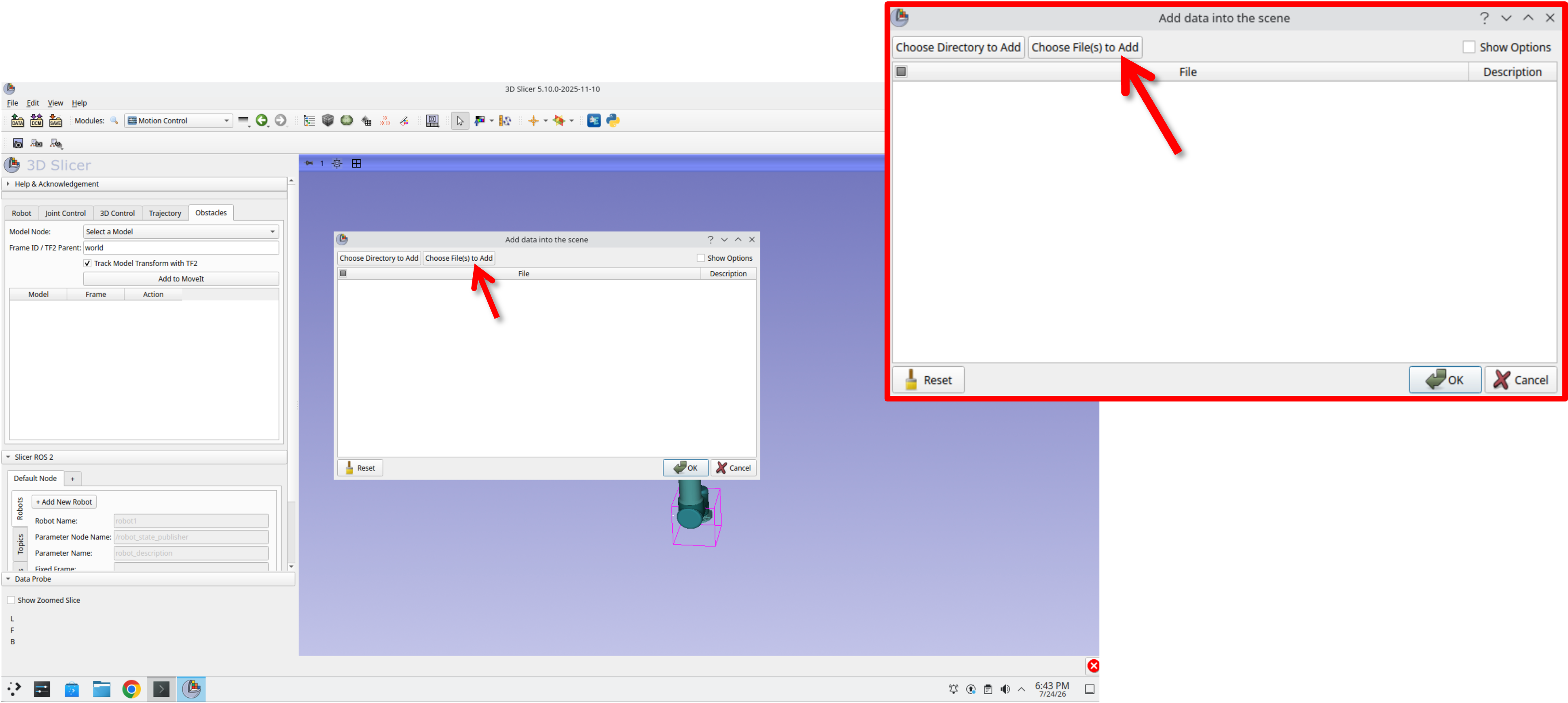 File browser navigated to the slicerros2_tutorial data folder with Spine_and_EE.mrb visible