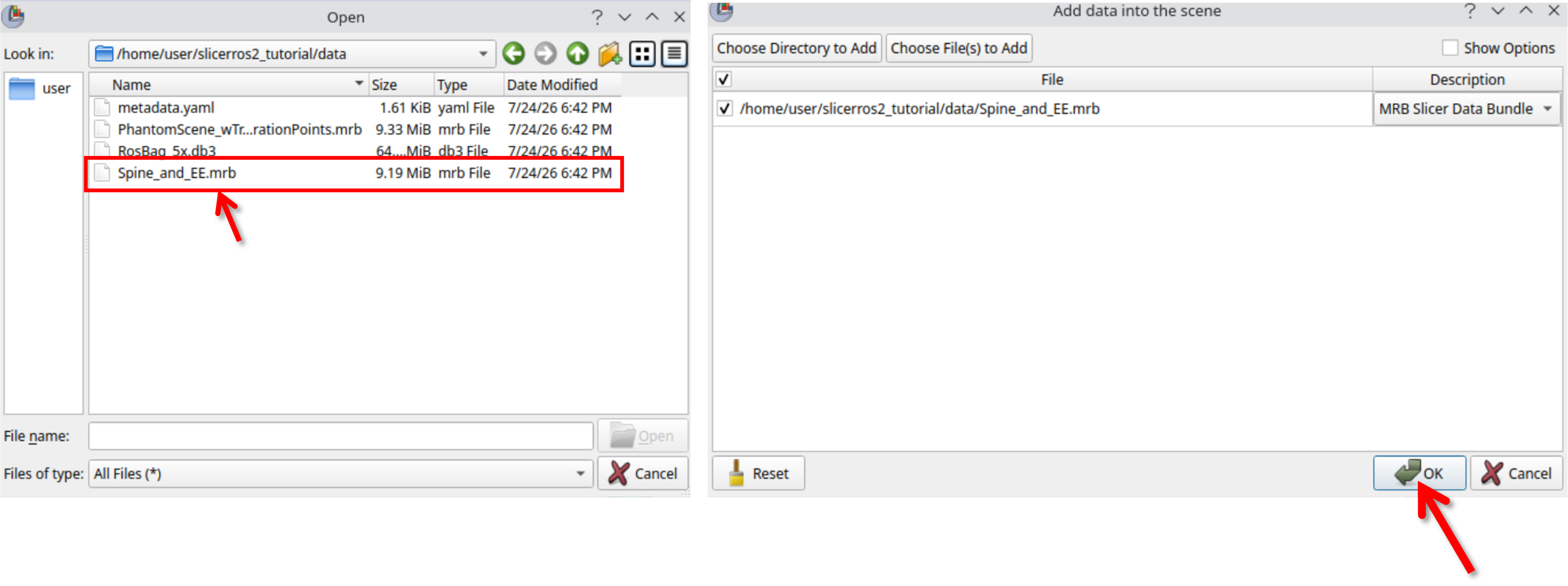 Add data dialog listing Spine_and_EE.mrb, ready for the OK button to be pressed