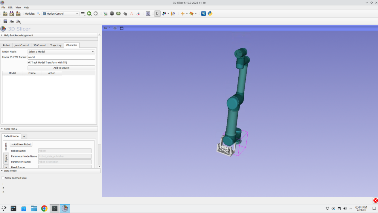 3D view showing the robot with the spine and end-effector models loaded nearby