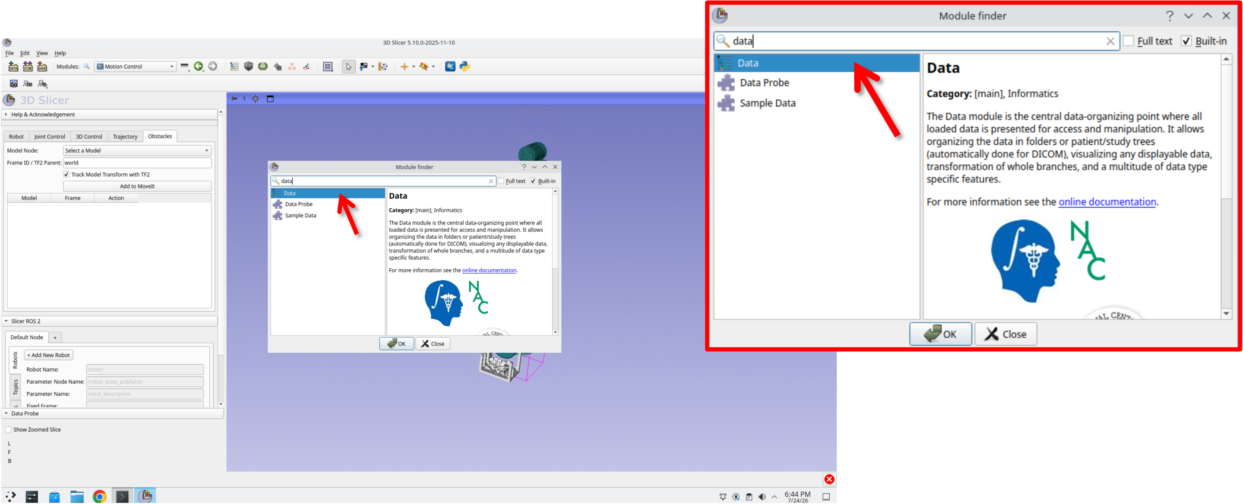 Module Finder with "data" entered, listing the Data, Data Probe, and Sample Data modules