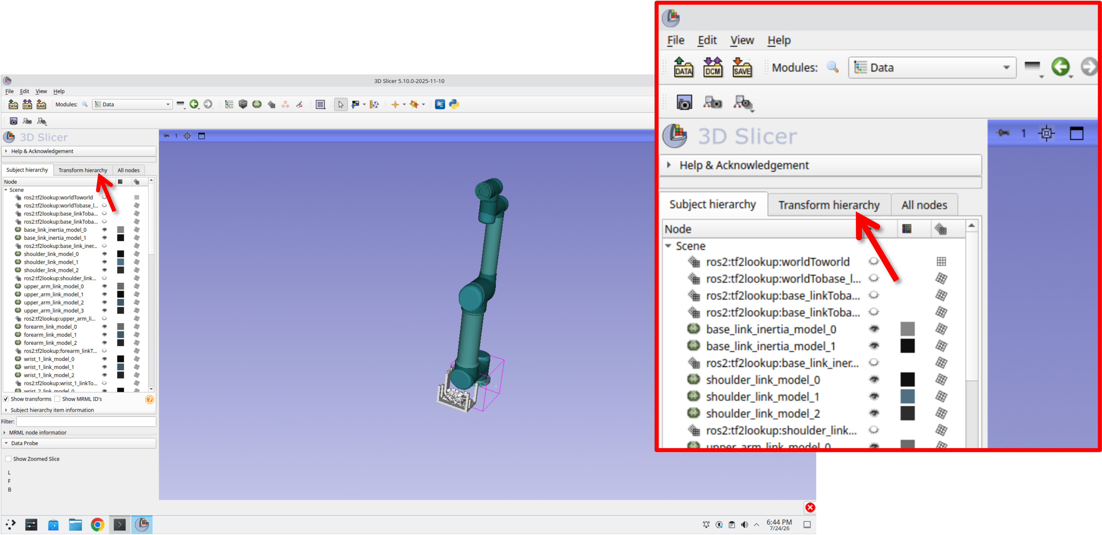 Data module with the Subject hierarchy tab open, showing the Transform hierarchy tab to select