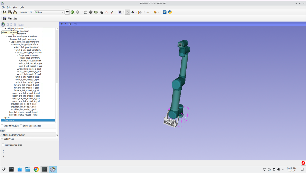 Transform hierarchy tab with the robot's transform tree expanded and the spine and Transform nodes listed below it