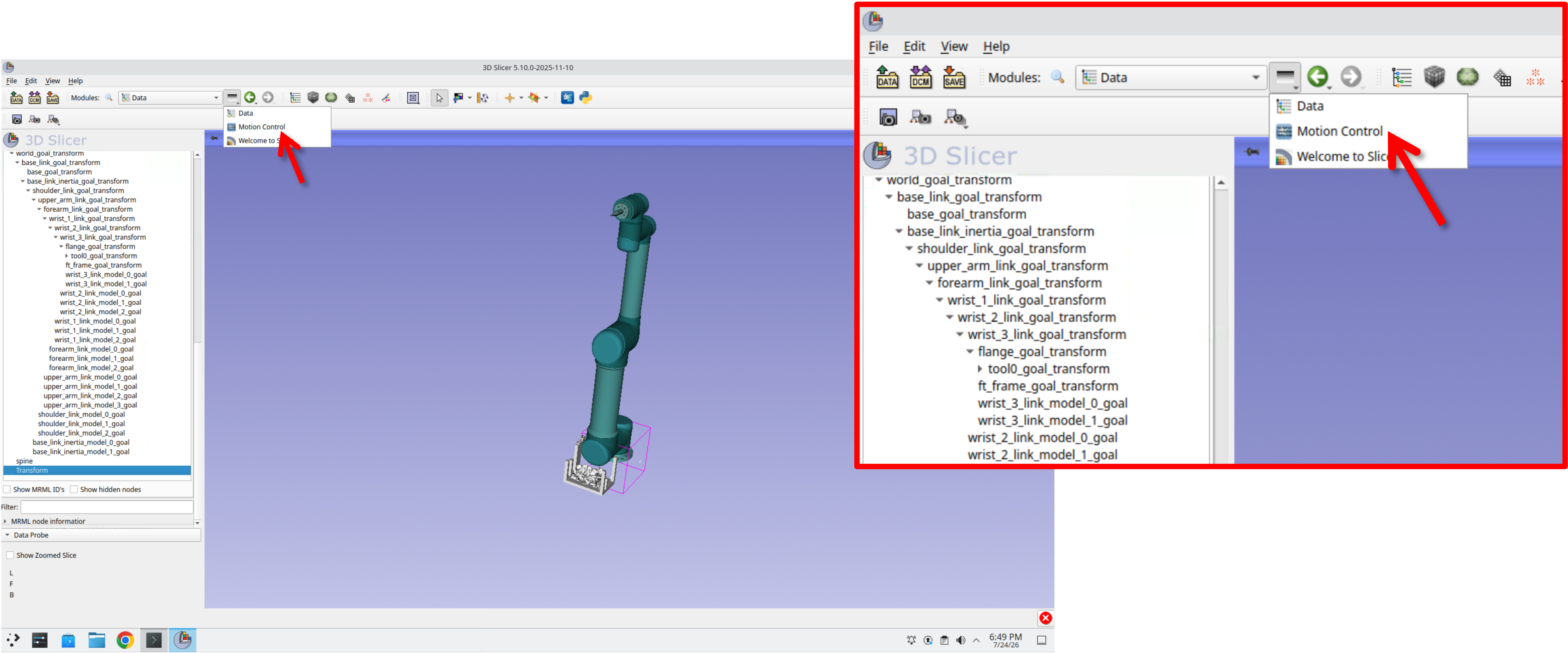 Recent modules dropdown showing Data, Motion Control, and Welcome to Slicer