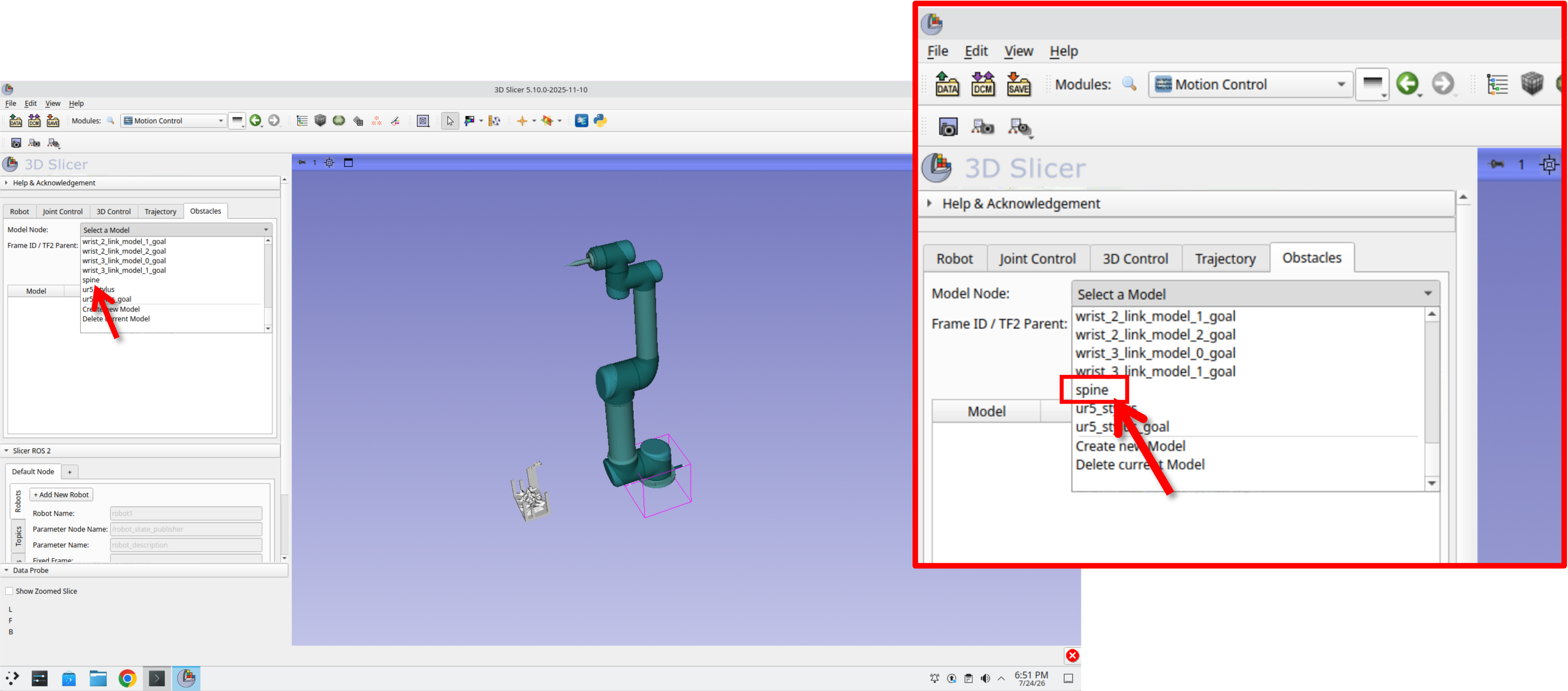 Obstacles tab with the Model Node dropdown open, showing the spine model in the list