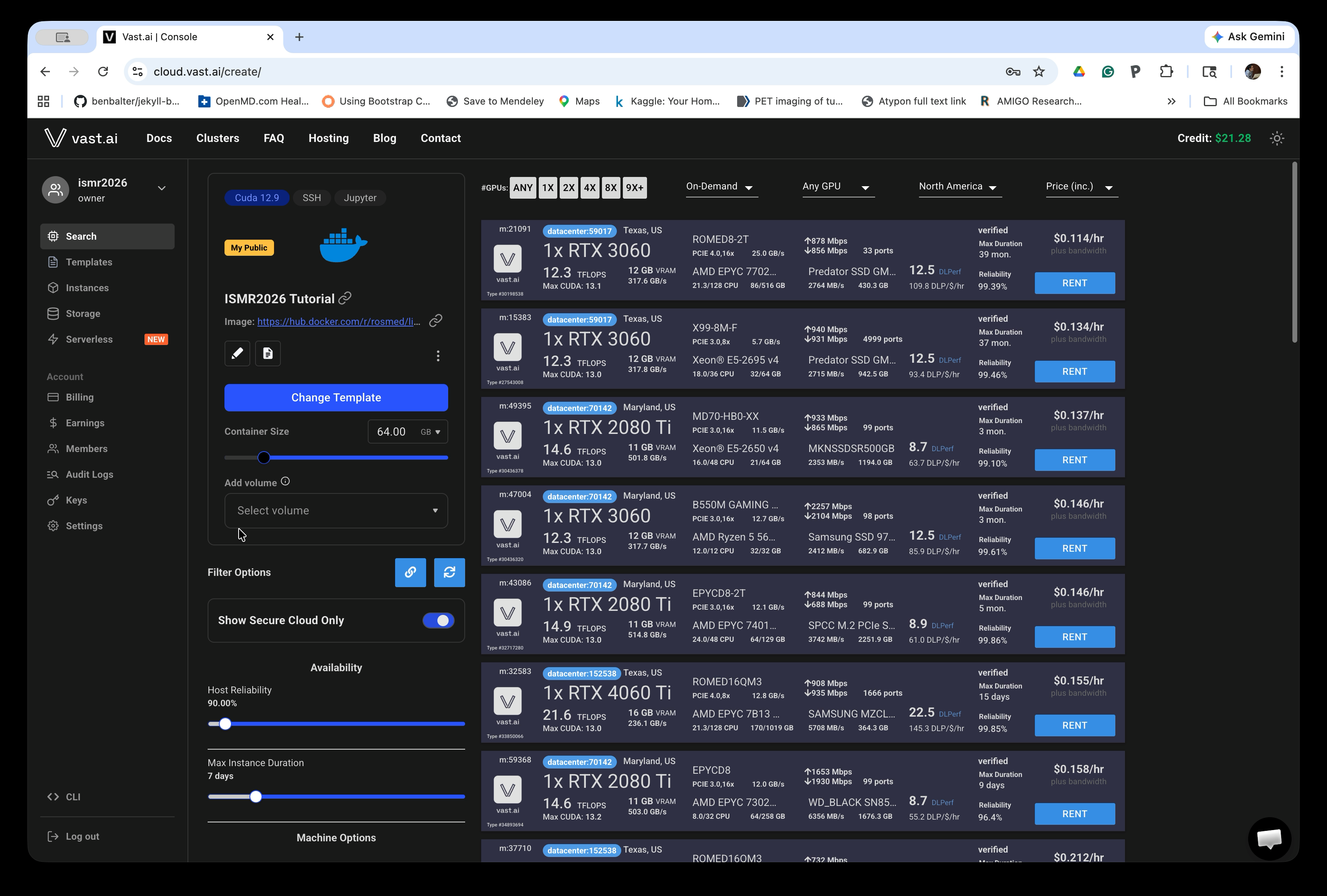 Console search page with EMBC2026 template loaded and GPU list