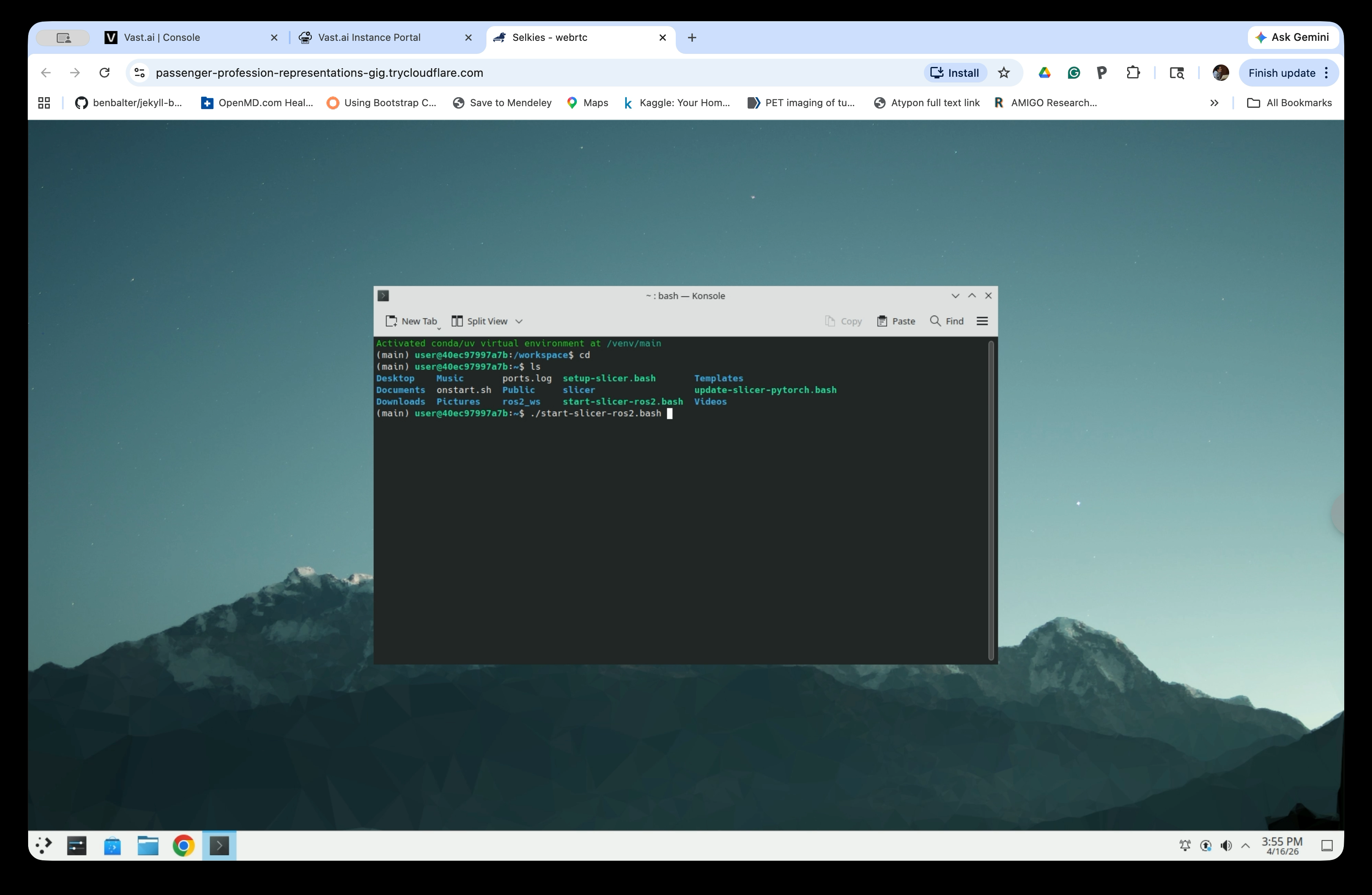 Terminal showing the start-slicer-ros2.bash command