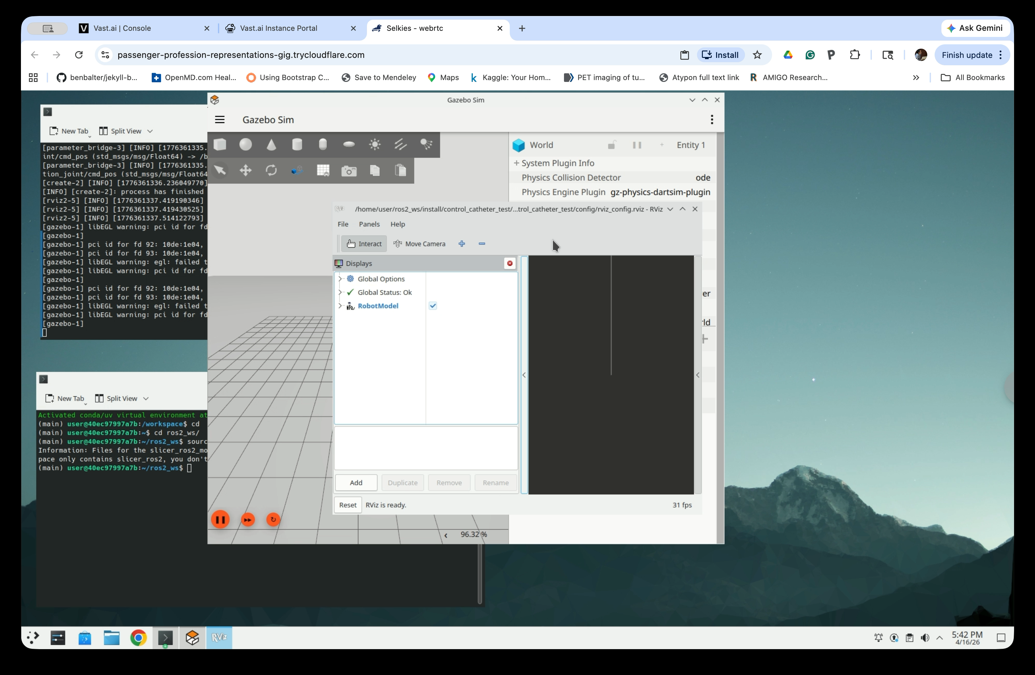 Gazebo Sim and RViz windows opening side by side