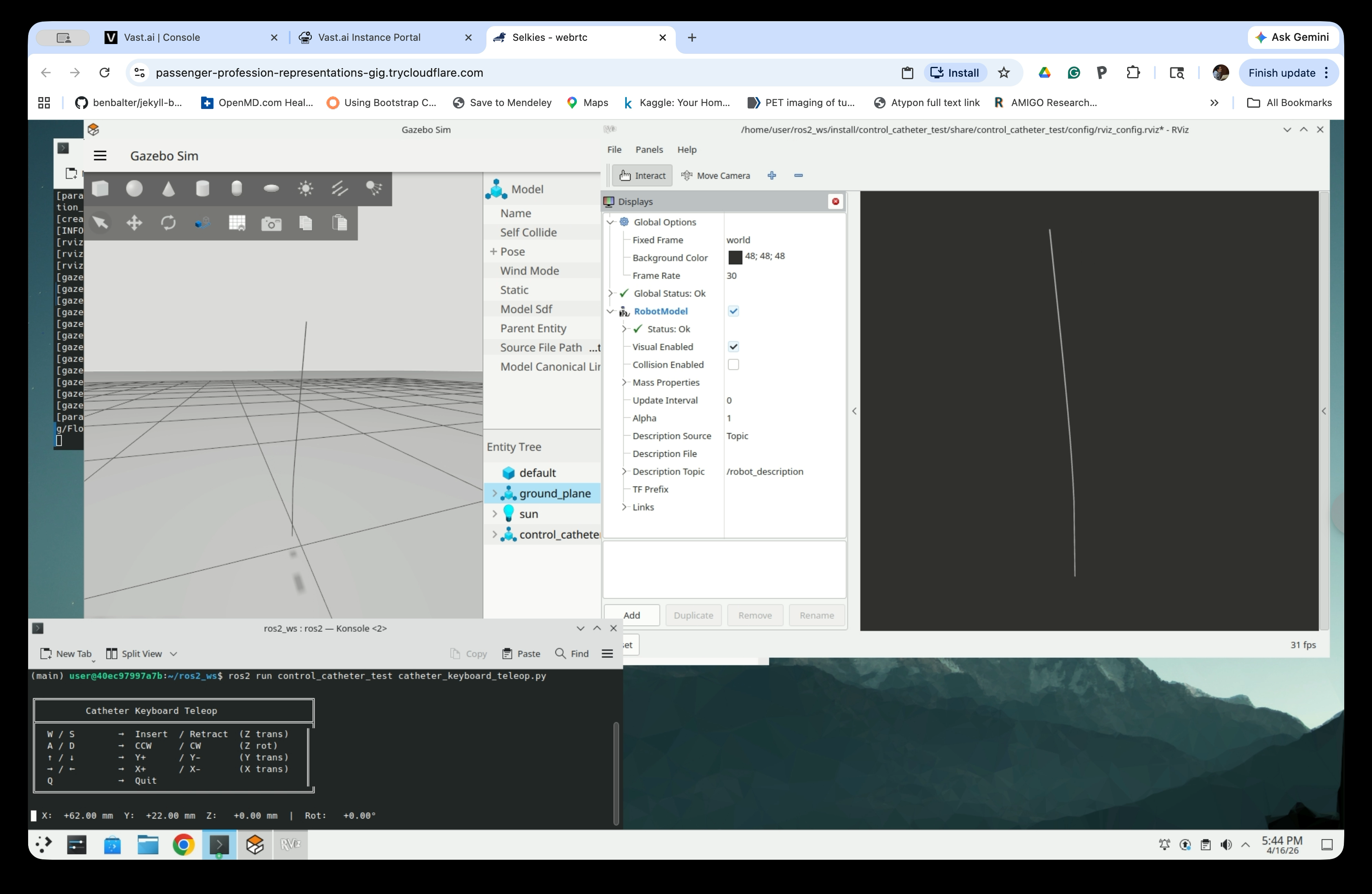 Gazebo and RViz showing catheter bending in response to teleop input