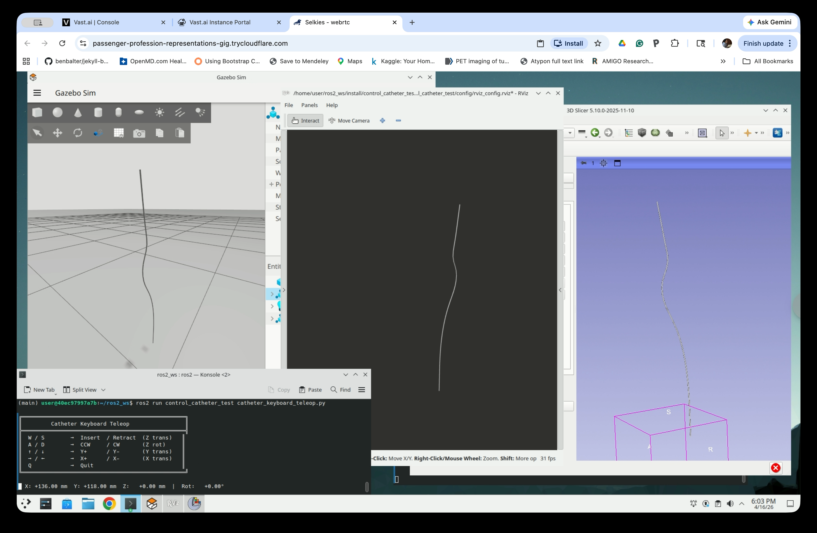 Gazebo, RViz, and Slicer 3D view all showing the catheter with teleop terminal at bottom